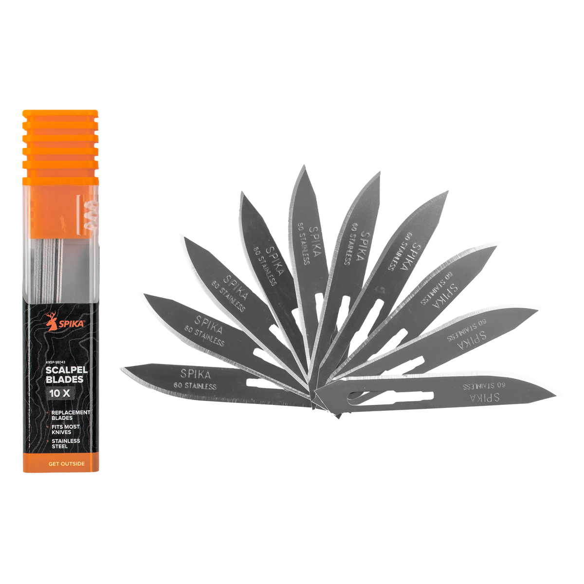 Spika Command replacement scalpel blades fanned out beside the 10 pack retail tube