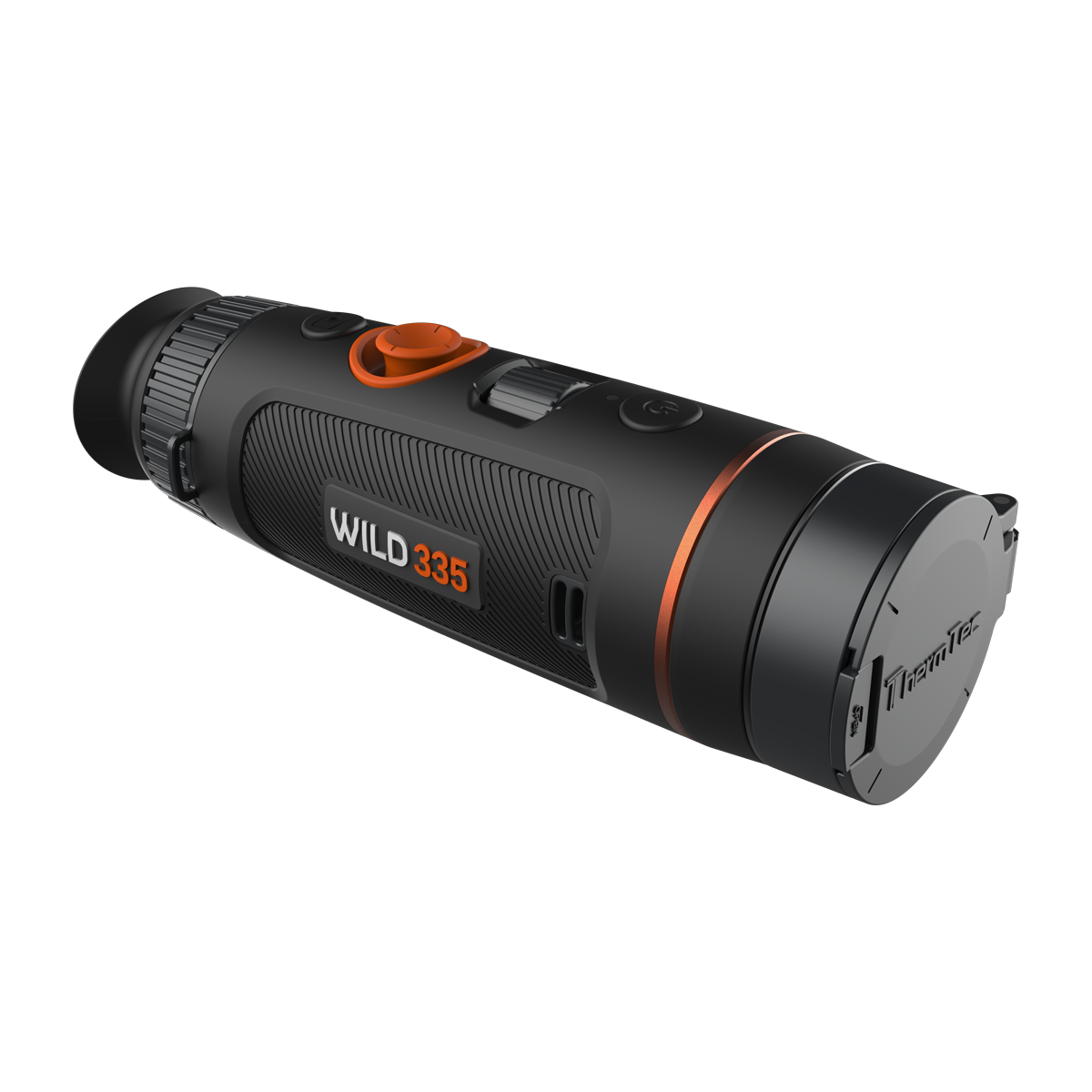 ThermTec Wild 335 thermal monocular, front three-quarter view with the ThermTec lens cap closed