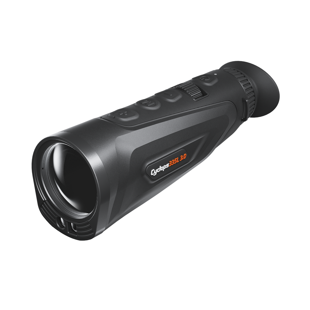 ThermTec Cyclops 335L 3.0 thermal monocular, front three-quarter view of objective lens and model label