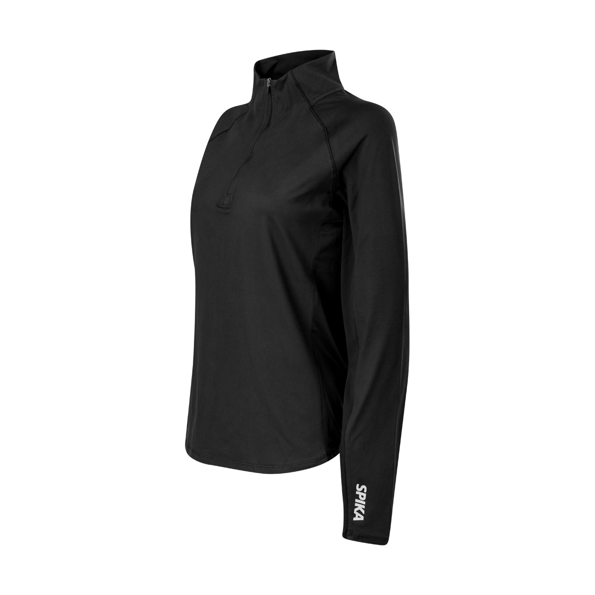 Spika GO AVP women's black half-zip top, three-quarter side view showing raglan sleeve and cuff logo