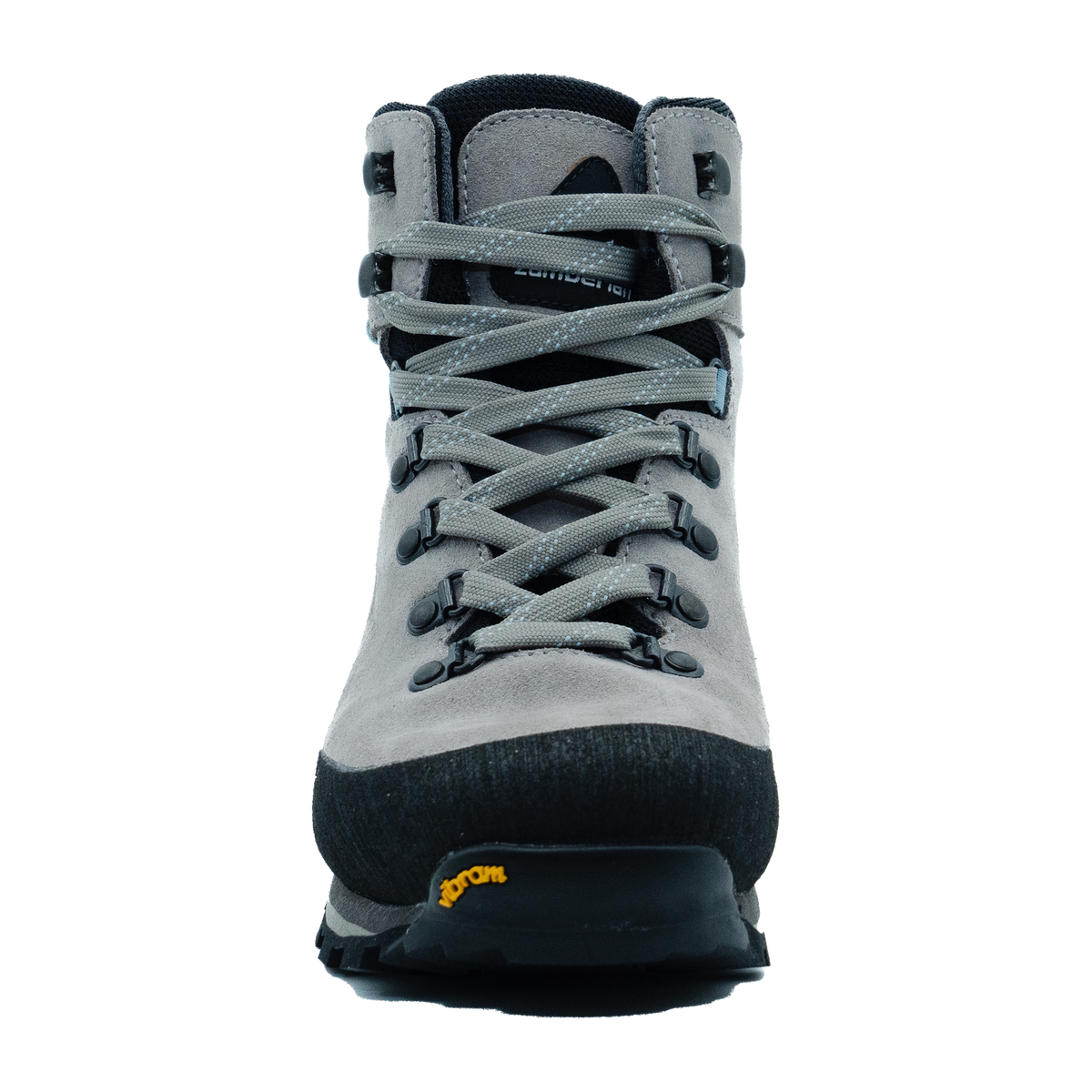 Zamberlan 336 Thyone GTX women's hiking boot in light grey, front view of toe rand and grey laces