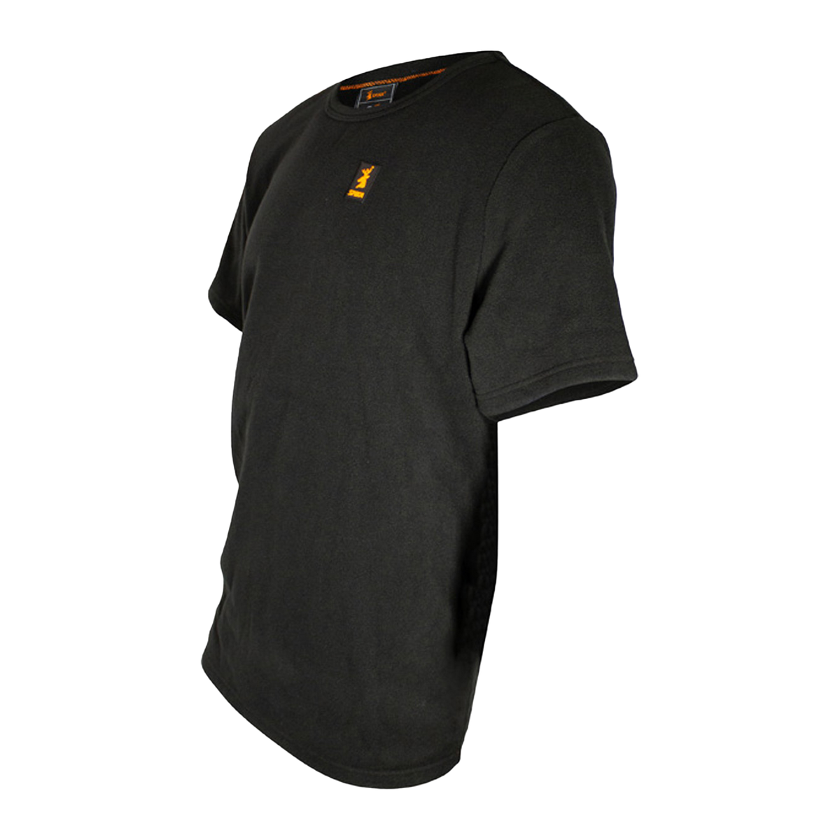 Spika Alpine men's black fleece t-shirt, angled side view showing the sleeve and chest logo