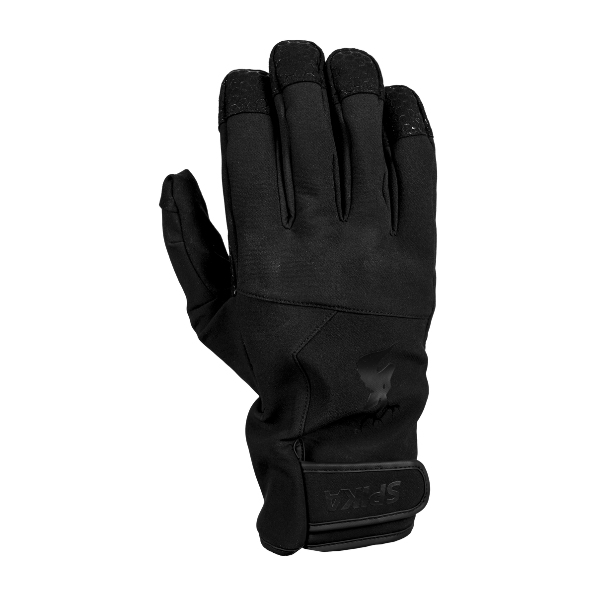 Spika Arctic men's black glove, back of hand view with tonal stag logo and hook-and-loop cuff