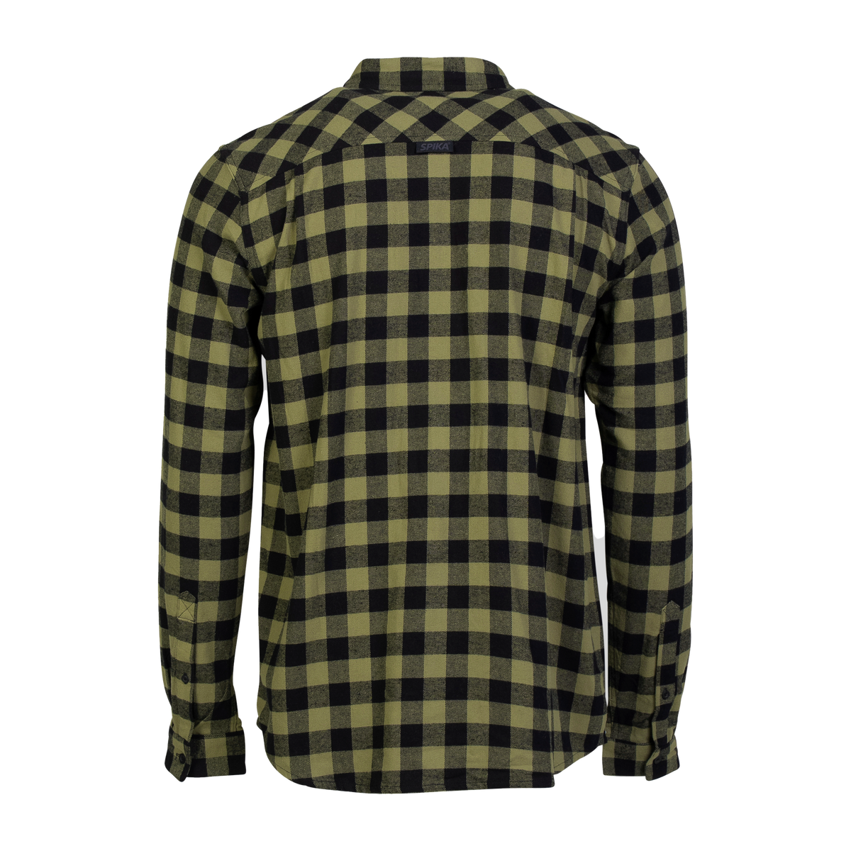 Spika men's Moss Green and black check flannel shirt, back view with shoulder yoke