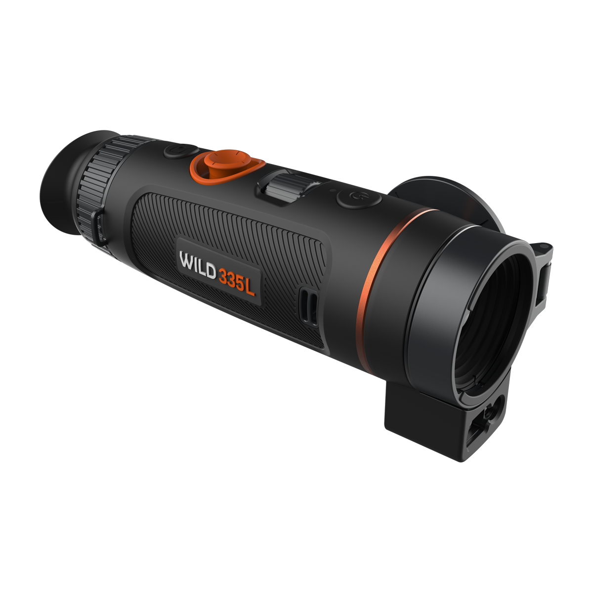 ThermTec Wild 335L thermal monocular, front three-quarter view of open lens and rangefinder apertures
