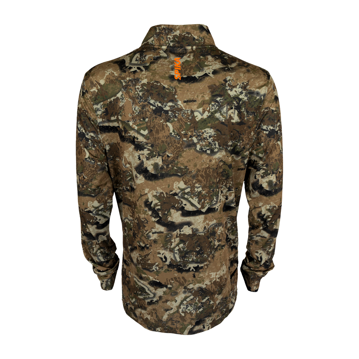 Spika Enduro men's Biarri Camo athletic top, back view with orange tab below the collar