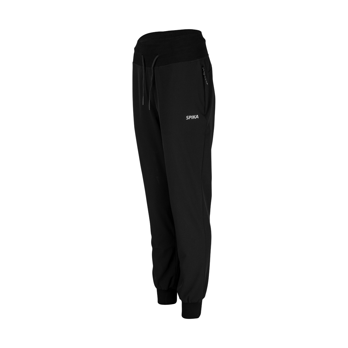 Spika GO Casual women's black jogger pants, three-quarter side view with zip pocket and cuffed ankles