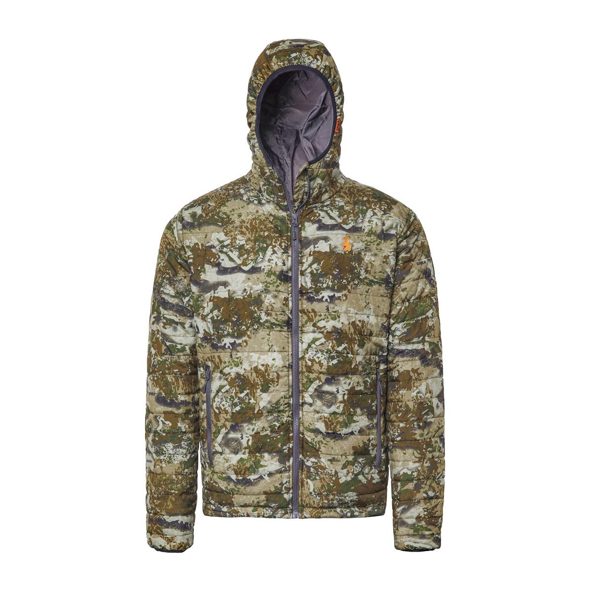 Spika Chase men's Biarri Camo puffer jacket, front view of the quilted body and zip hand pockets