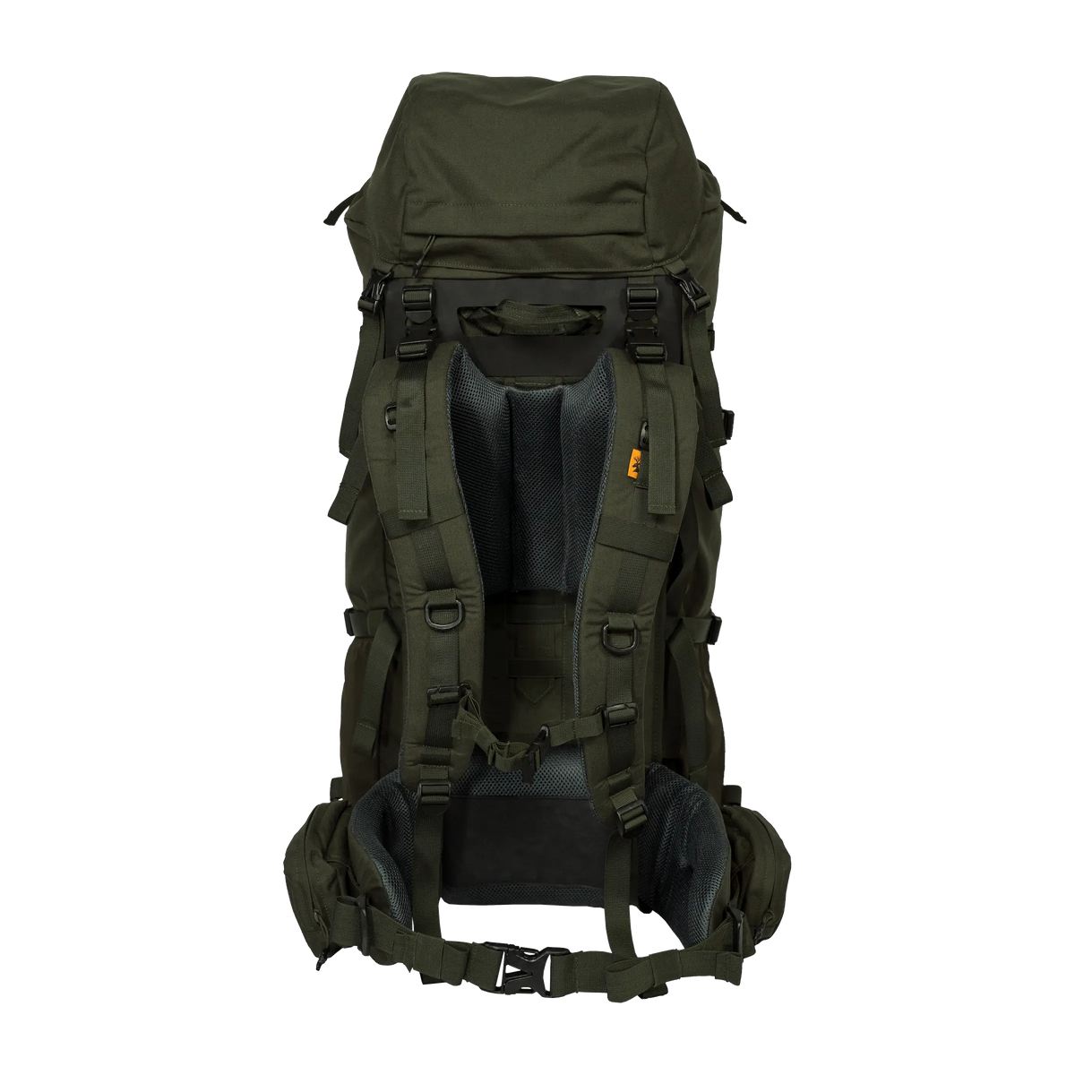 Spika Drover II Hauler 80L pack and frame in Olive Summit, rear view of harness, back panel and hip belt