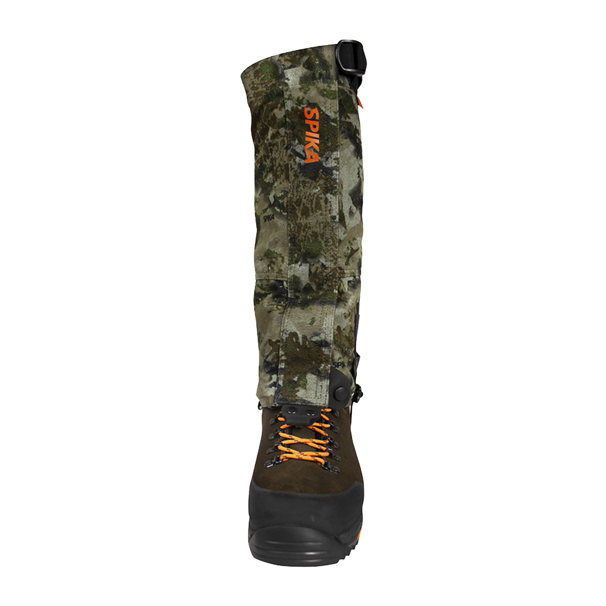 Spika Ranger adult gaiter in Biarri Camo on a hiking boot, straight-on front view