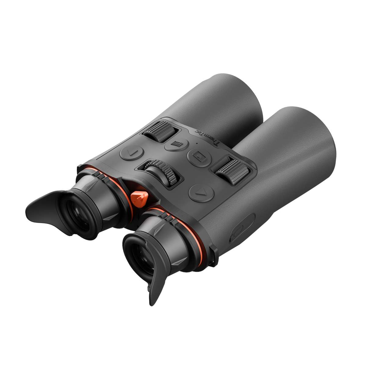 ThermTec Ventus 635L multi-spectrum binoculars, rear view from left of eyecups and focus dial
