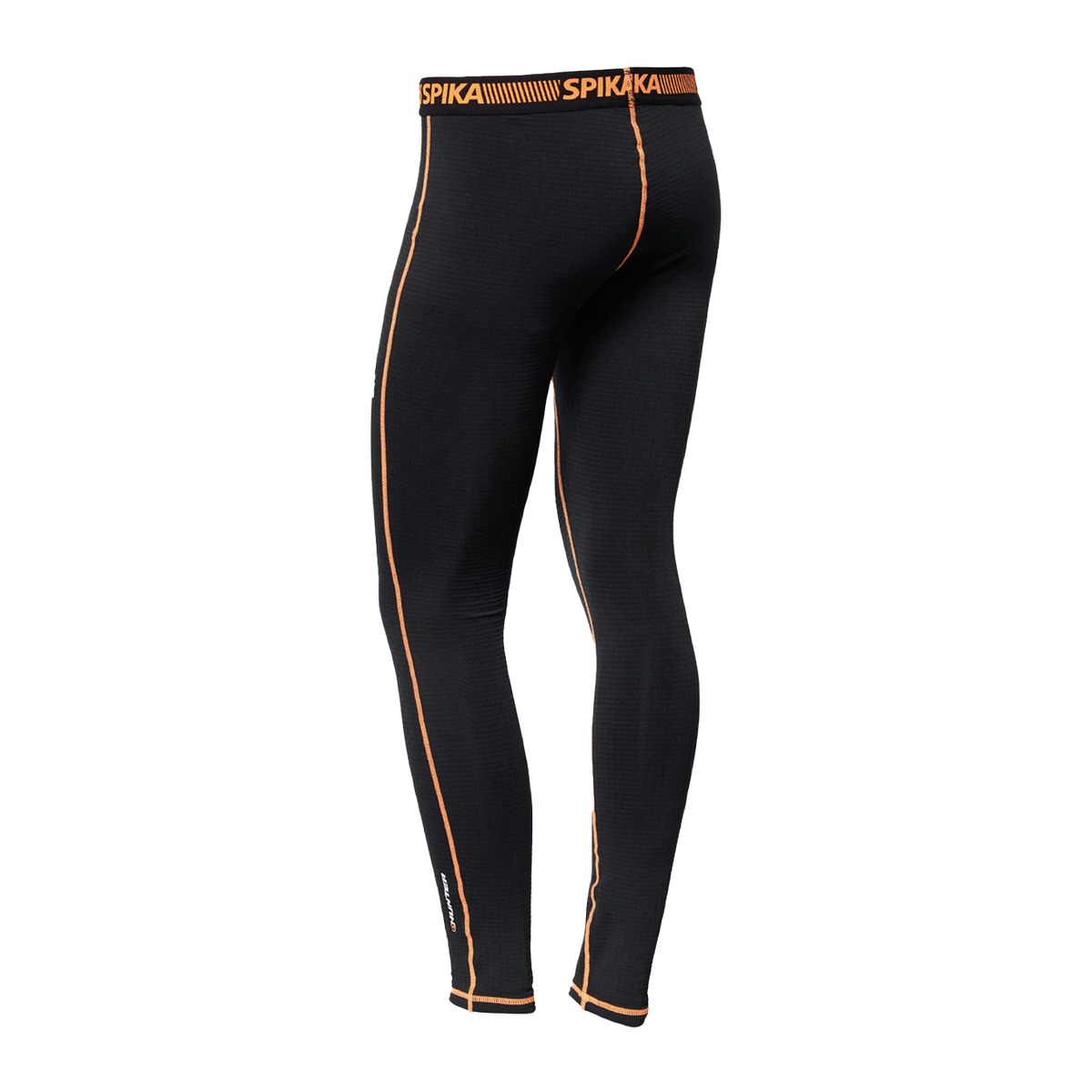 Spika ThermaFlow men's thermal pants in Black, back view with orange Spika waistband