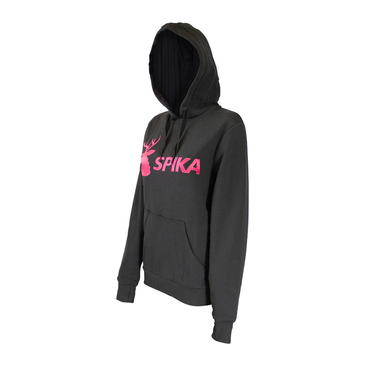 Spika GO Classic women's black hoodie, three-quarter view showing hood and pink SPIKA logo