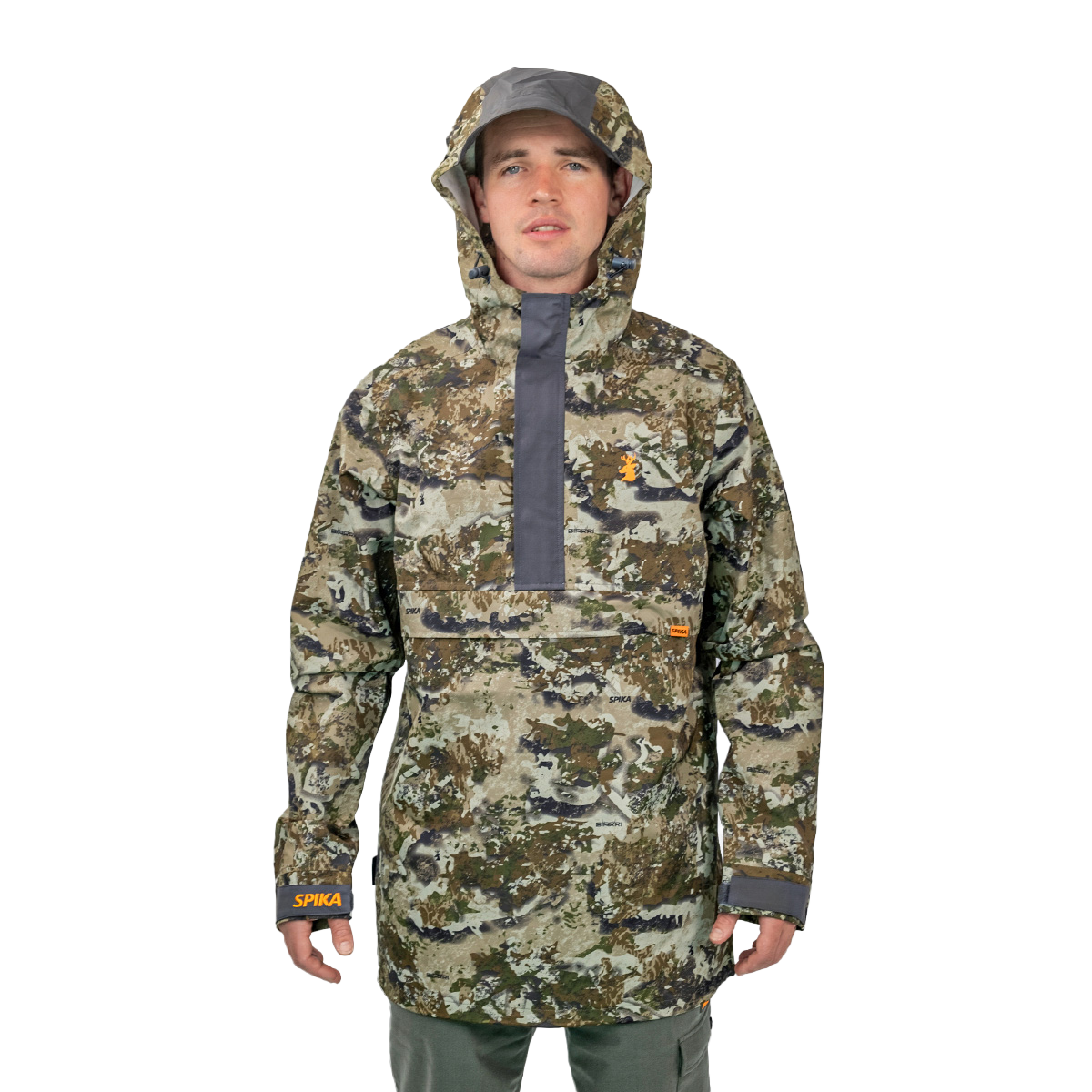 Model wearing the Spika Buckland men's Biarri Camo jacket with the hood up, front view