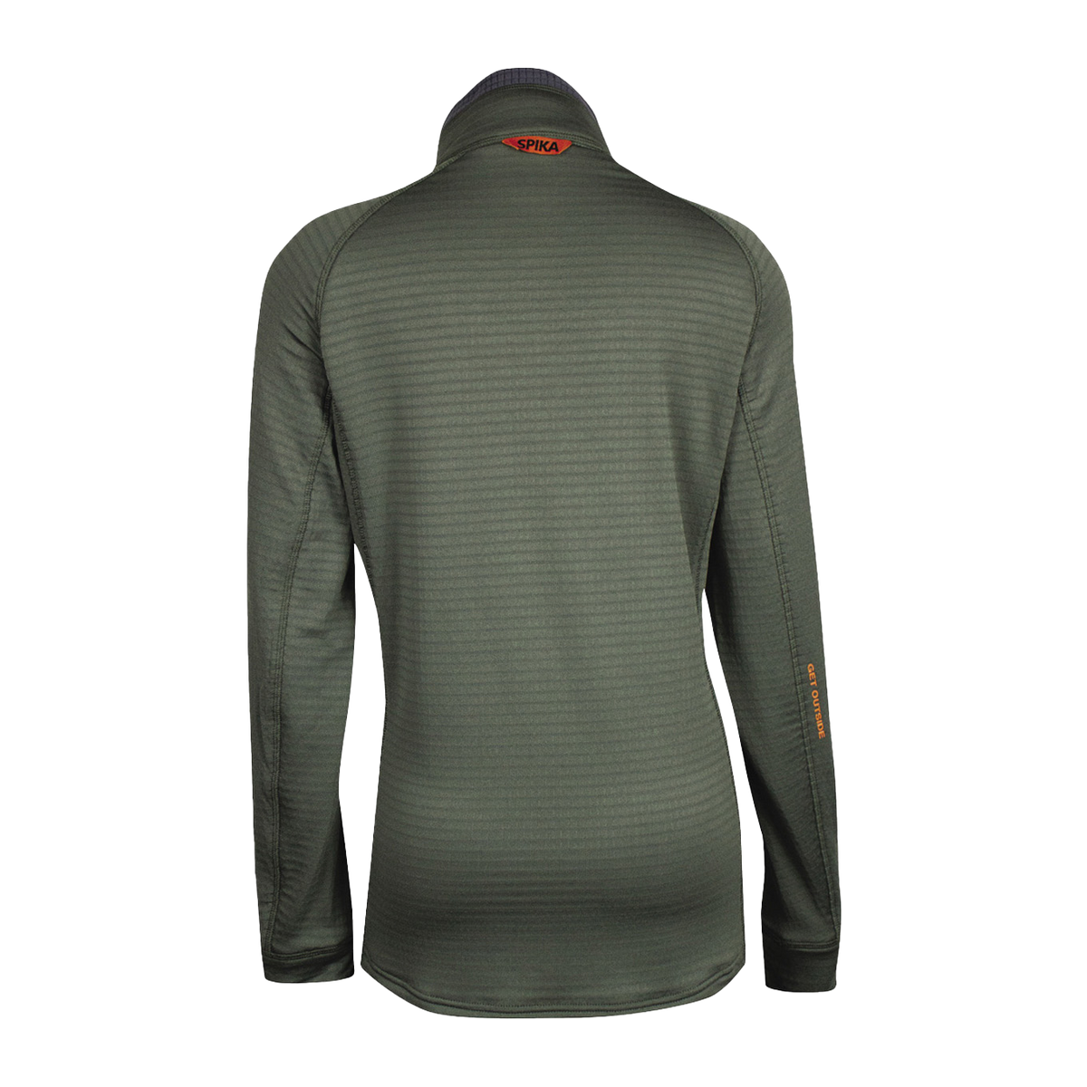 Spika Gridfleece women's half-zip top in Olive, back view with orange Spika tab at the collar