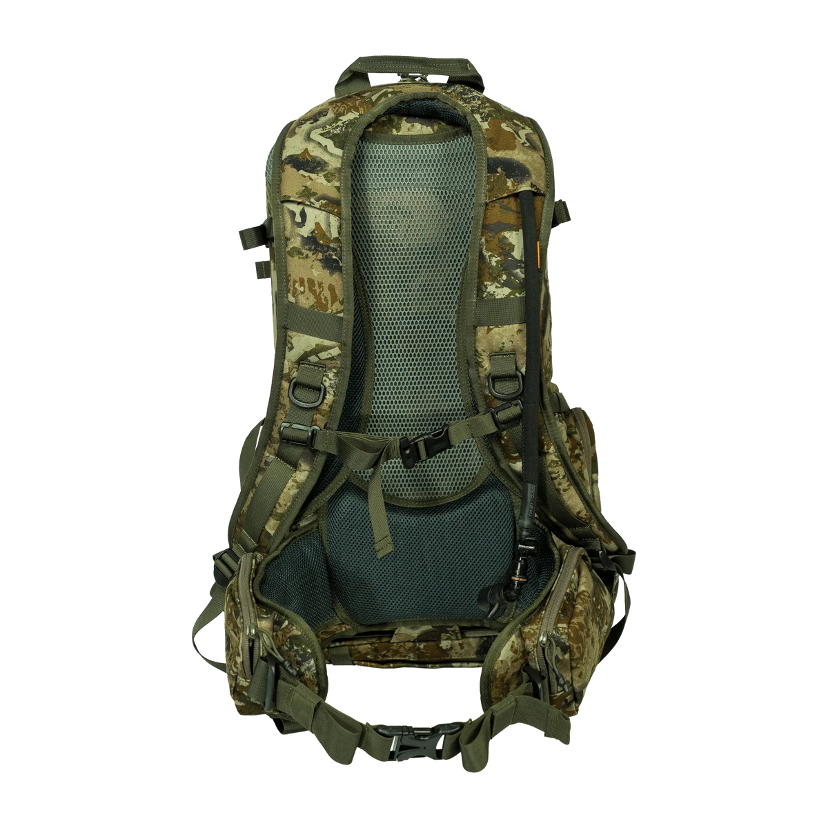 Spika Drover II Pro Pack 35L in Biarri Camo, rear view of mesh back panel, harness and padded hip belt