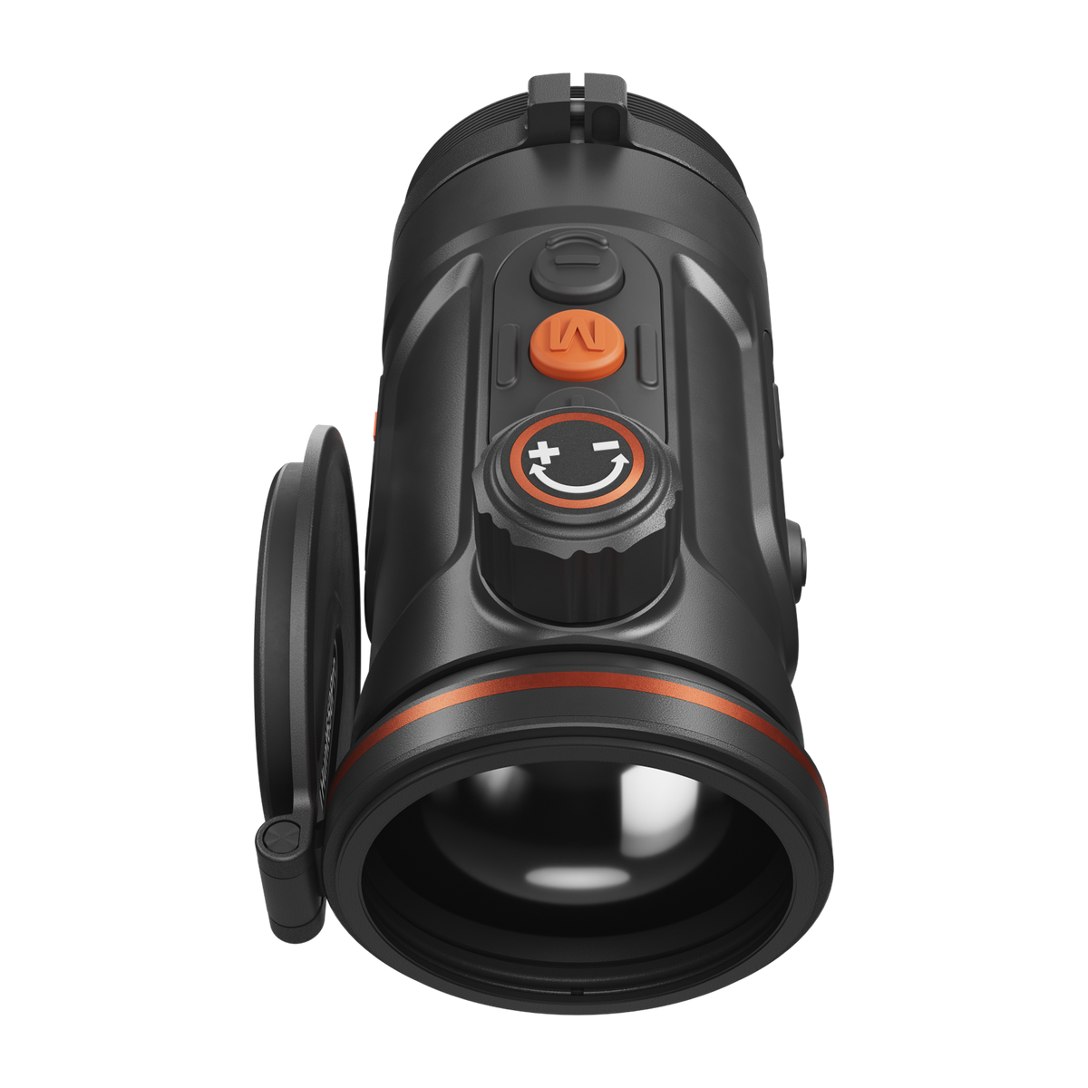 ThermTec Hunt Pro 650 thermal clip-on, top view of rotary dial and buttons with large lens cap open