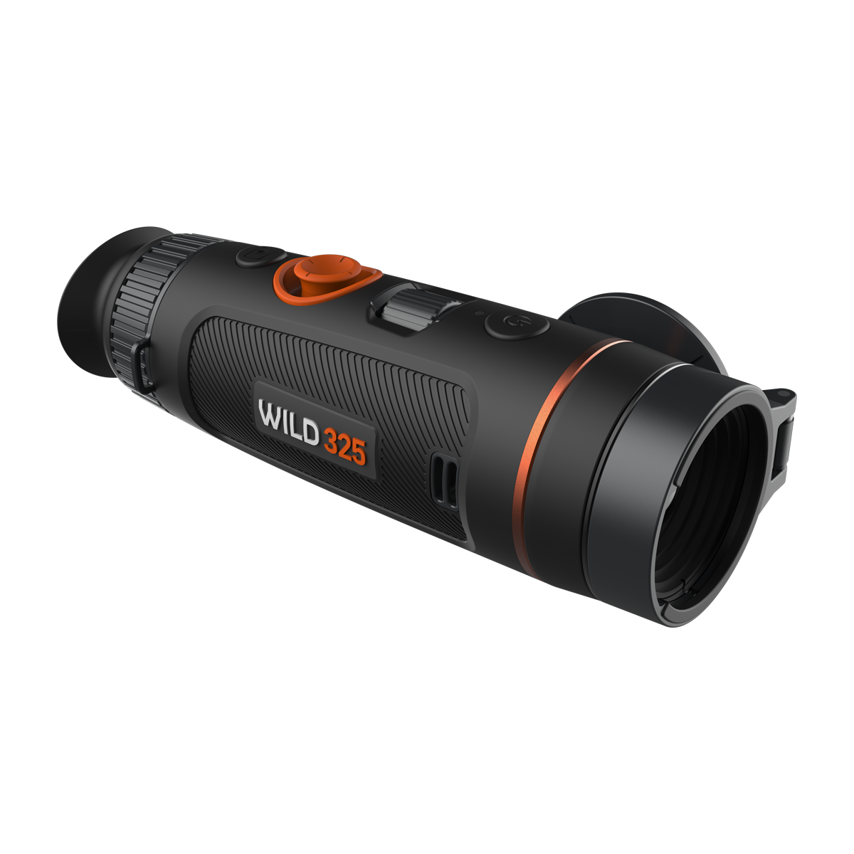 ThermTec Wild 325 thermal monocular, front three-quarter view with lens cap open and Wild 325 badge