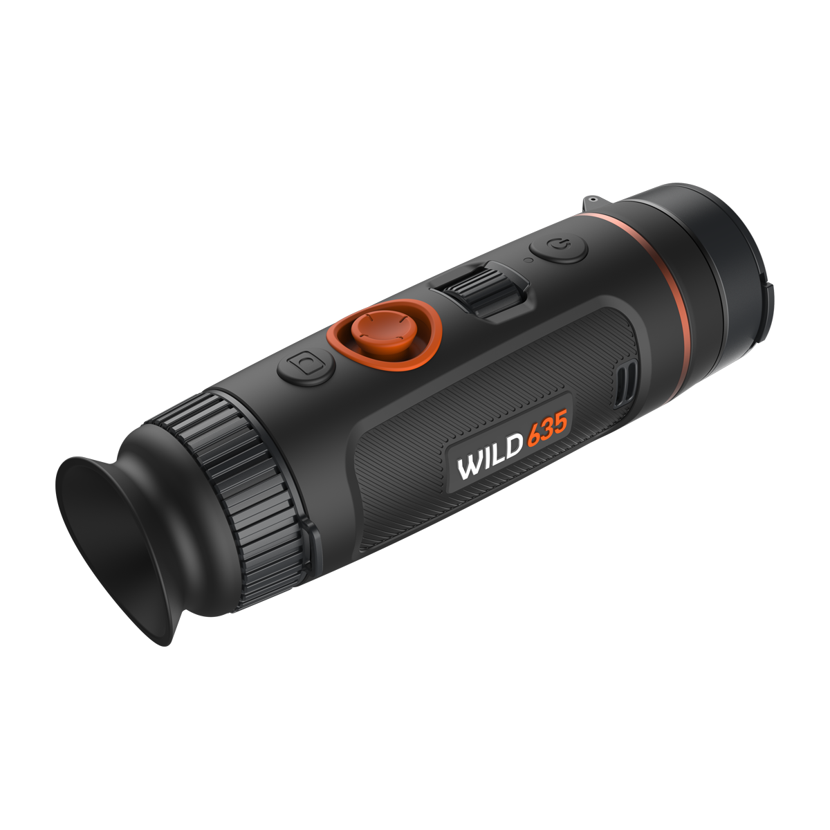ThermTec Wild 635 thermal monocular, rear three-quarter view of eyecup, focus ring and controls