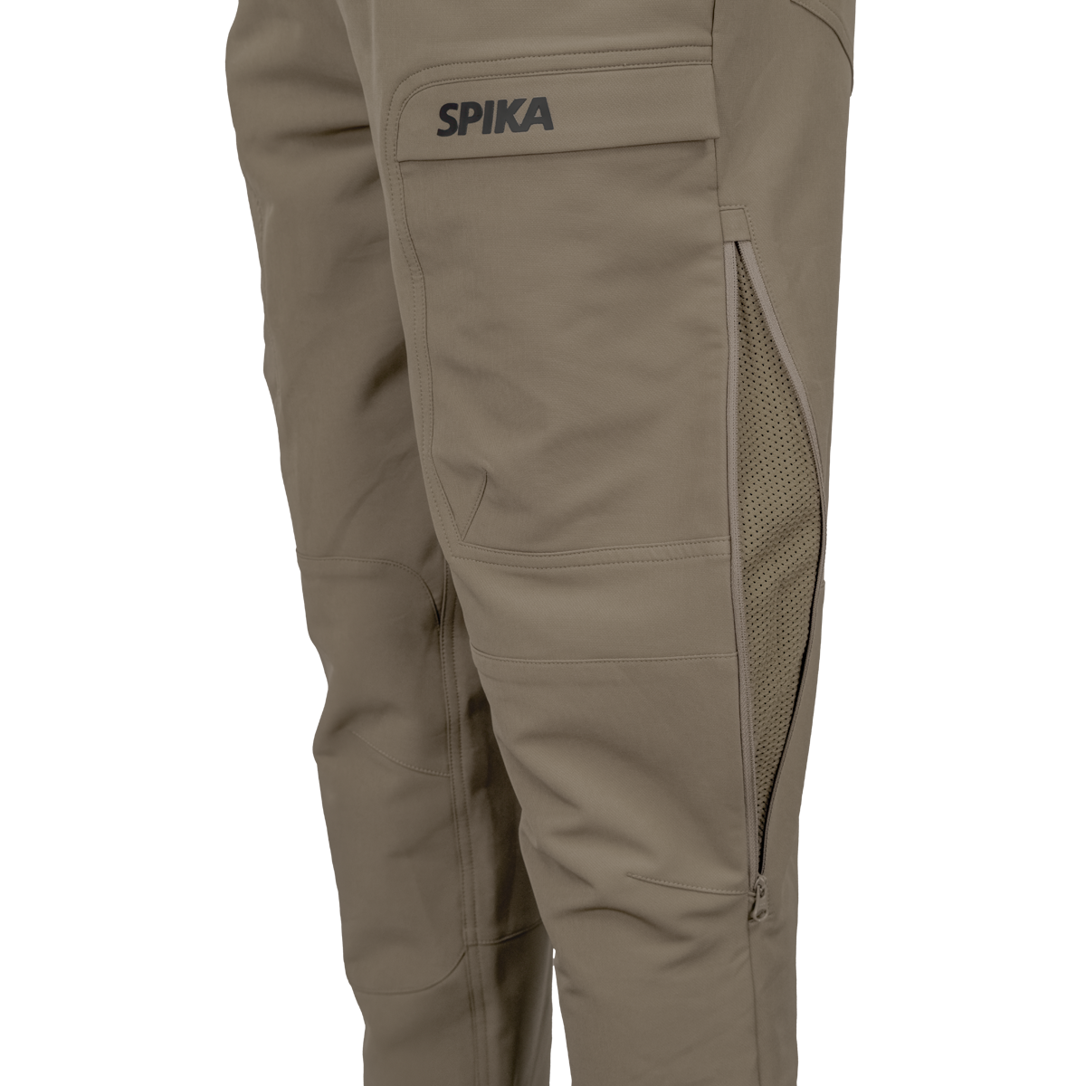 Spika Recon men's pants in Tan, close-up of zipped side leg vent with mesh lining