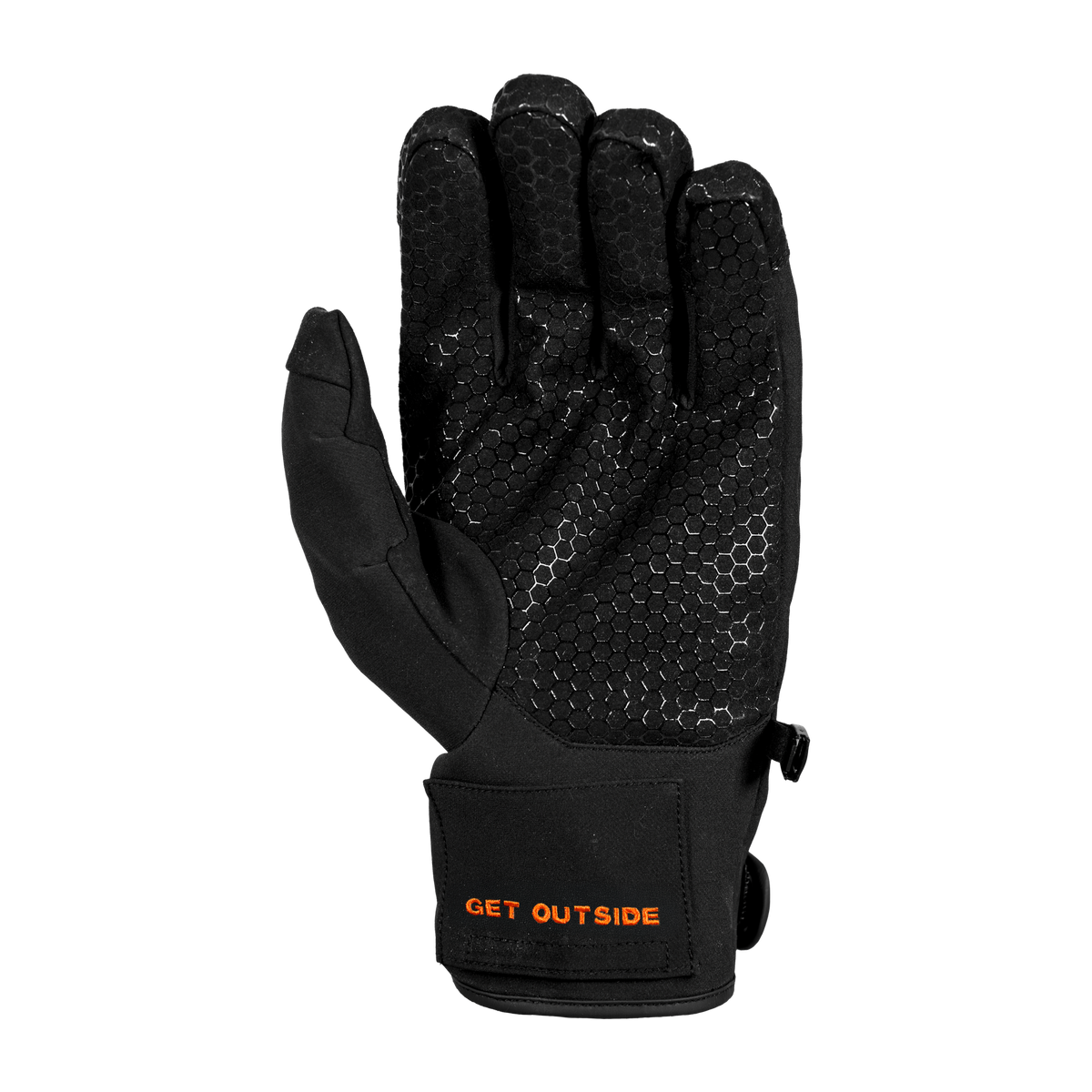 Spika Arctic men's black glove, palm view with silicone grip pattern and orange Get Outside print