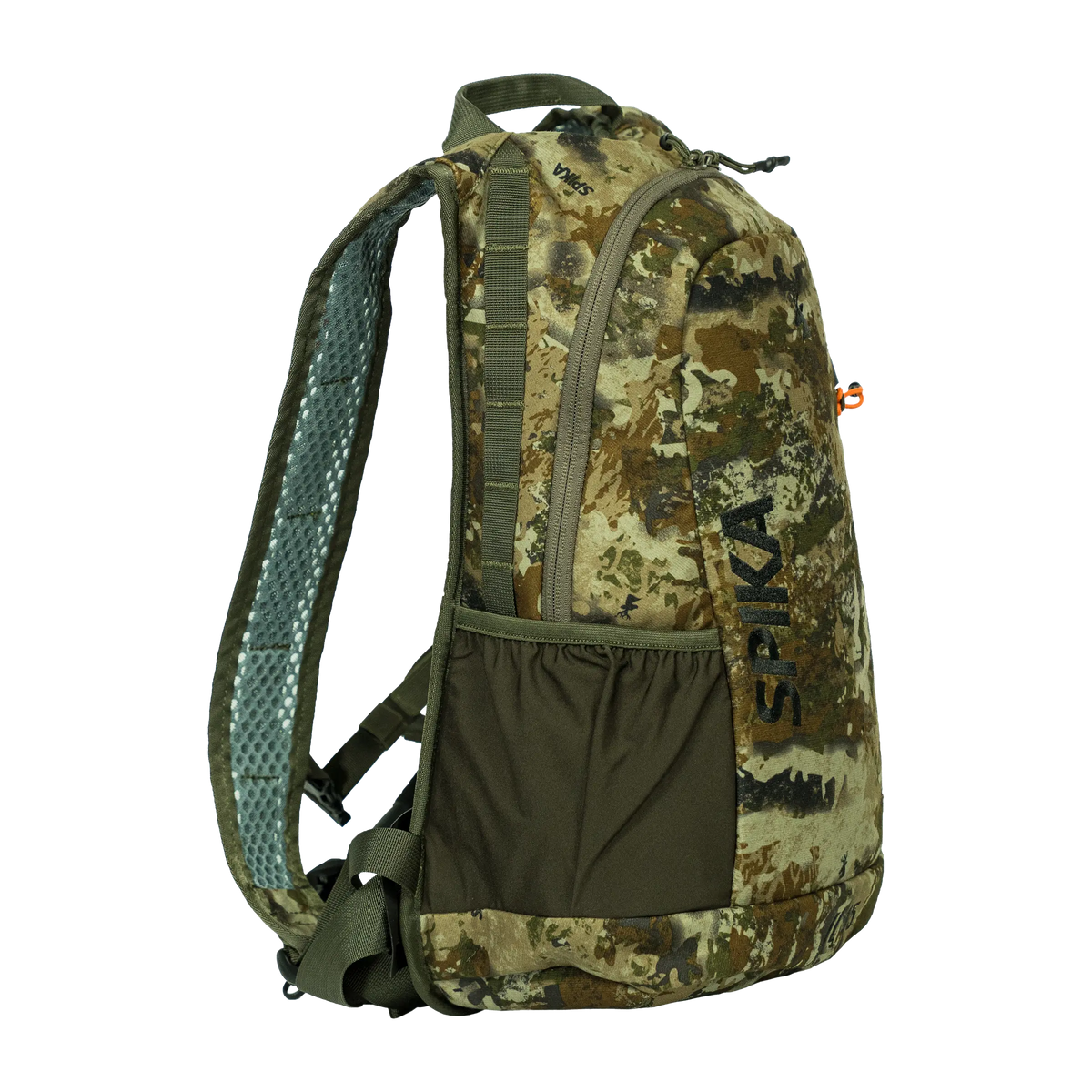 Spika Drover II Hydro Pack 15L in Biarri Camo, three-quarter front view with side mesh pocket and Spika logo