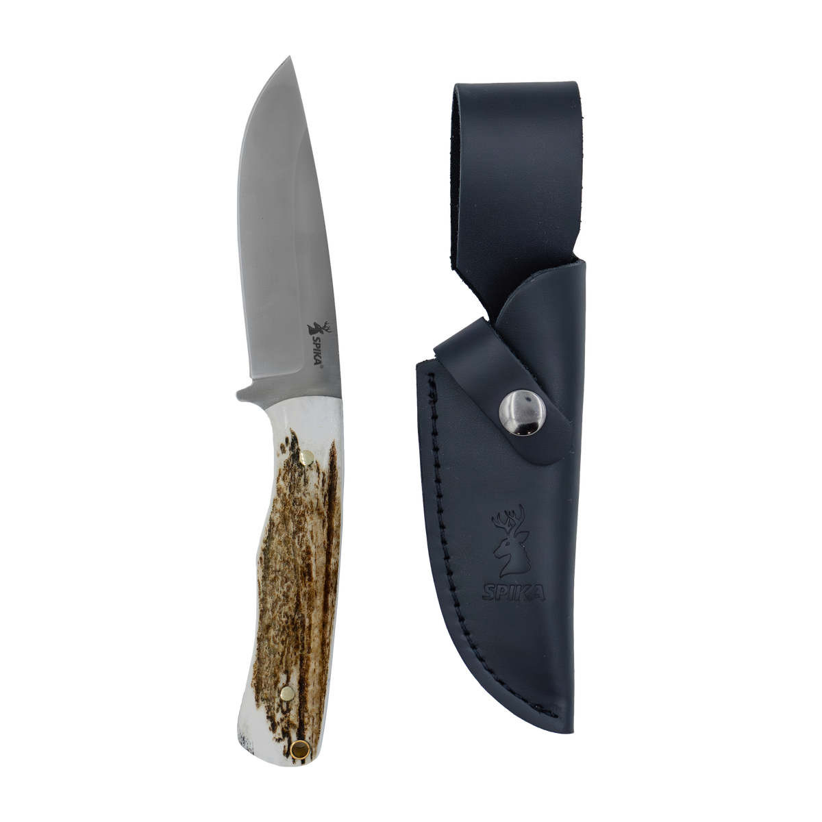 Spika Bushmaster Ol'Boy fixed blade knife shown beside its black leather sheath with snap closure