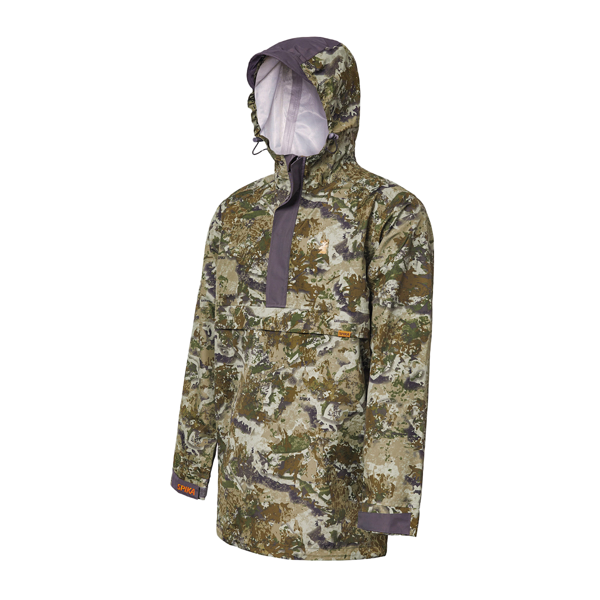 Spika Buckland men's Biarri Camo jacket, three-quarter view showing the hood and side profile