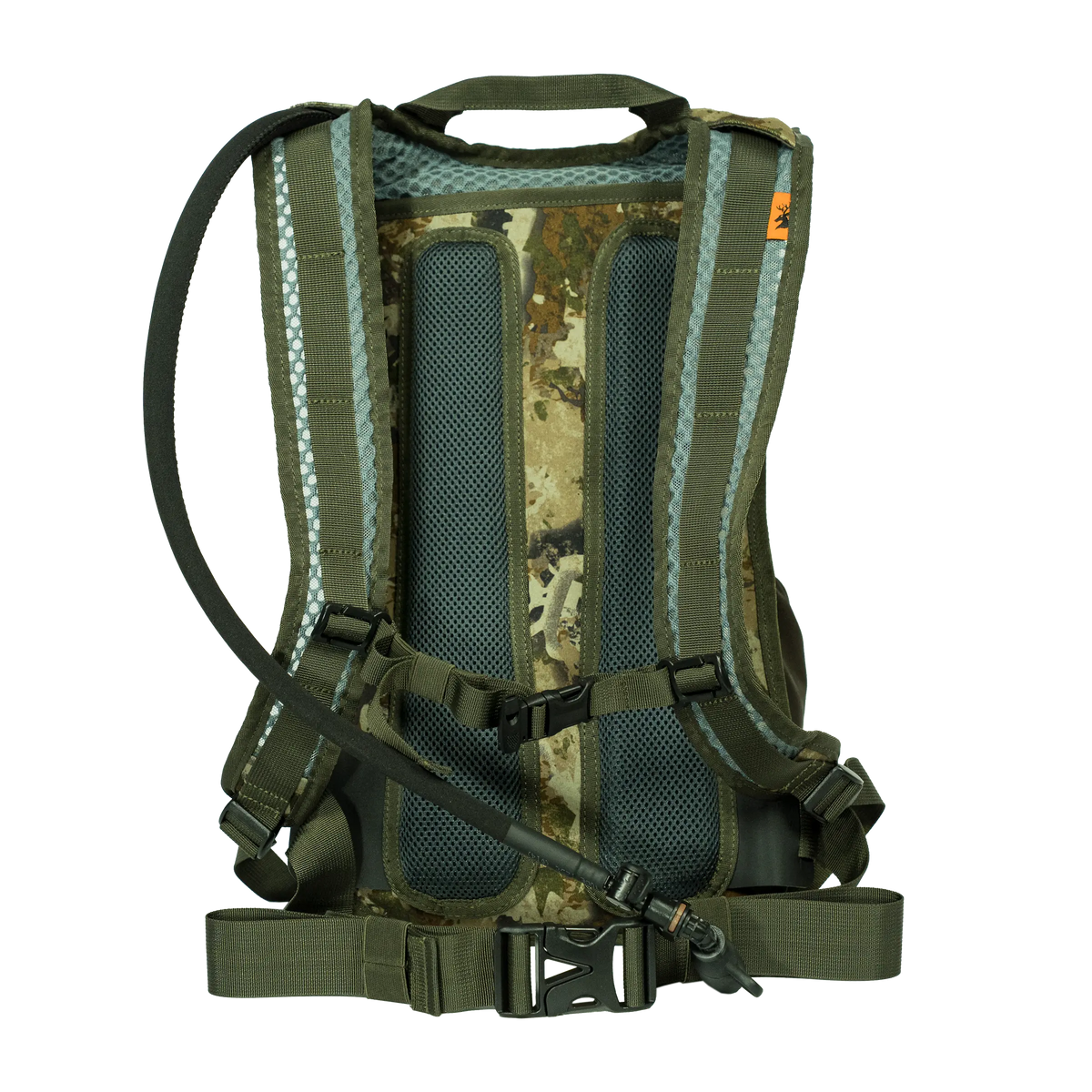 Spika Drover II Hydro Pack 15L in Biarri Camo, rear view of mesh harness, hip strap and hydration hose