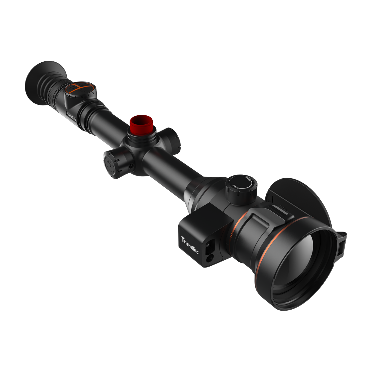 ThermTec Ares-LRF 360L 2.0 thermal tube scope, elevated view from eyepiece end with red turret cap