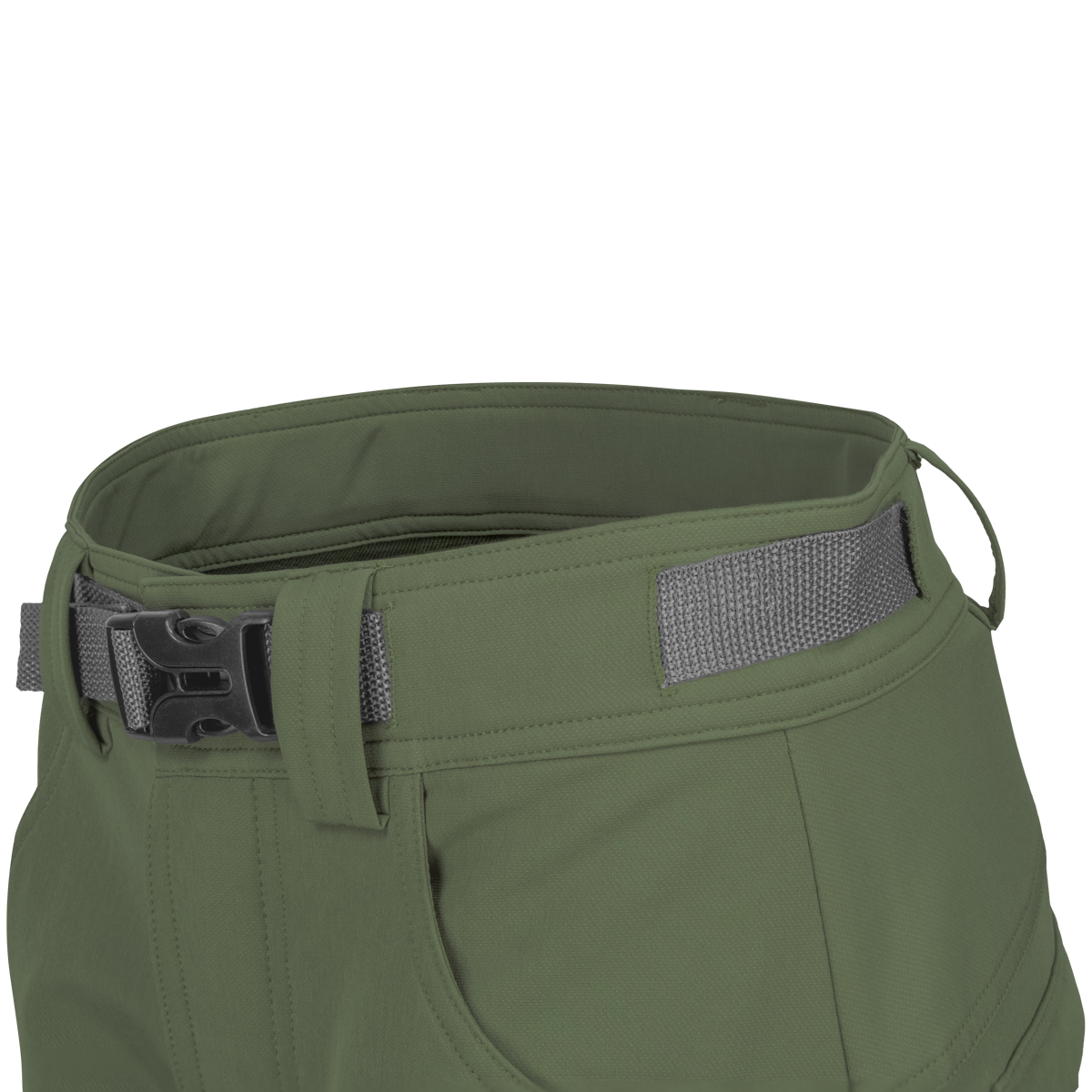 Spika Recon women's pants in Ivy Green, close-up of contoured waistband and webbing belt buckle