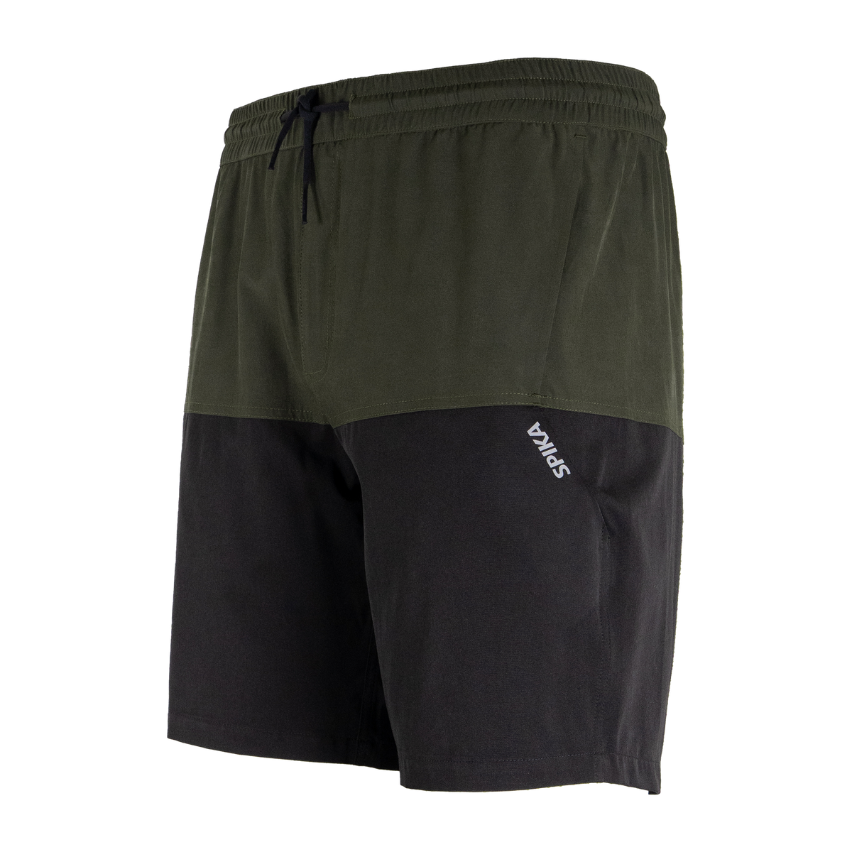 Spika Mako men's shorts in Olive/Black, three-quarter view showing the SPIKA leg print