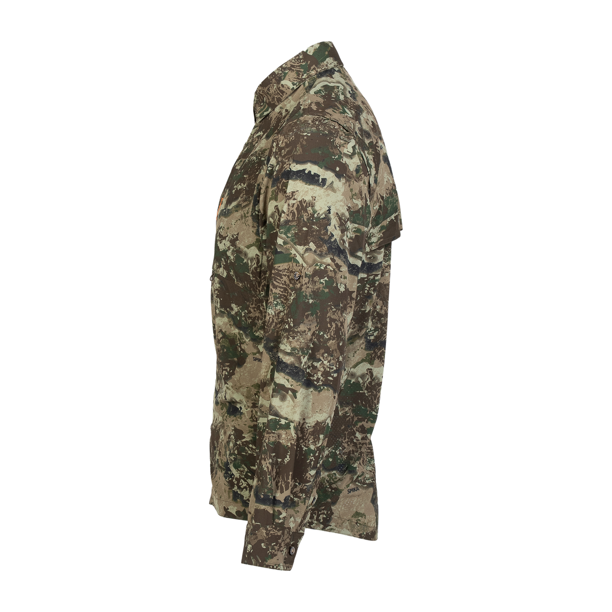 Spika Overlander men's hunting shirt in Biarri Camo, side profile view with collar