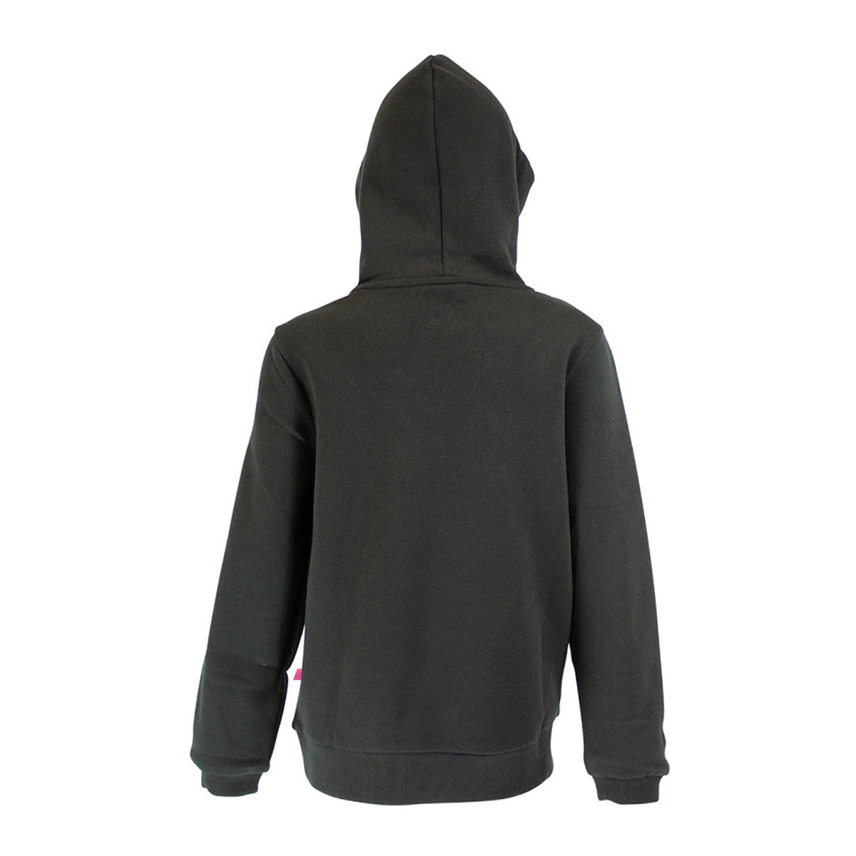 Spika GO Classic girls' hoodie in black, back view of plain back and hood with pink side tab