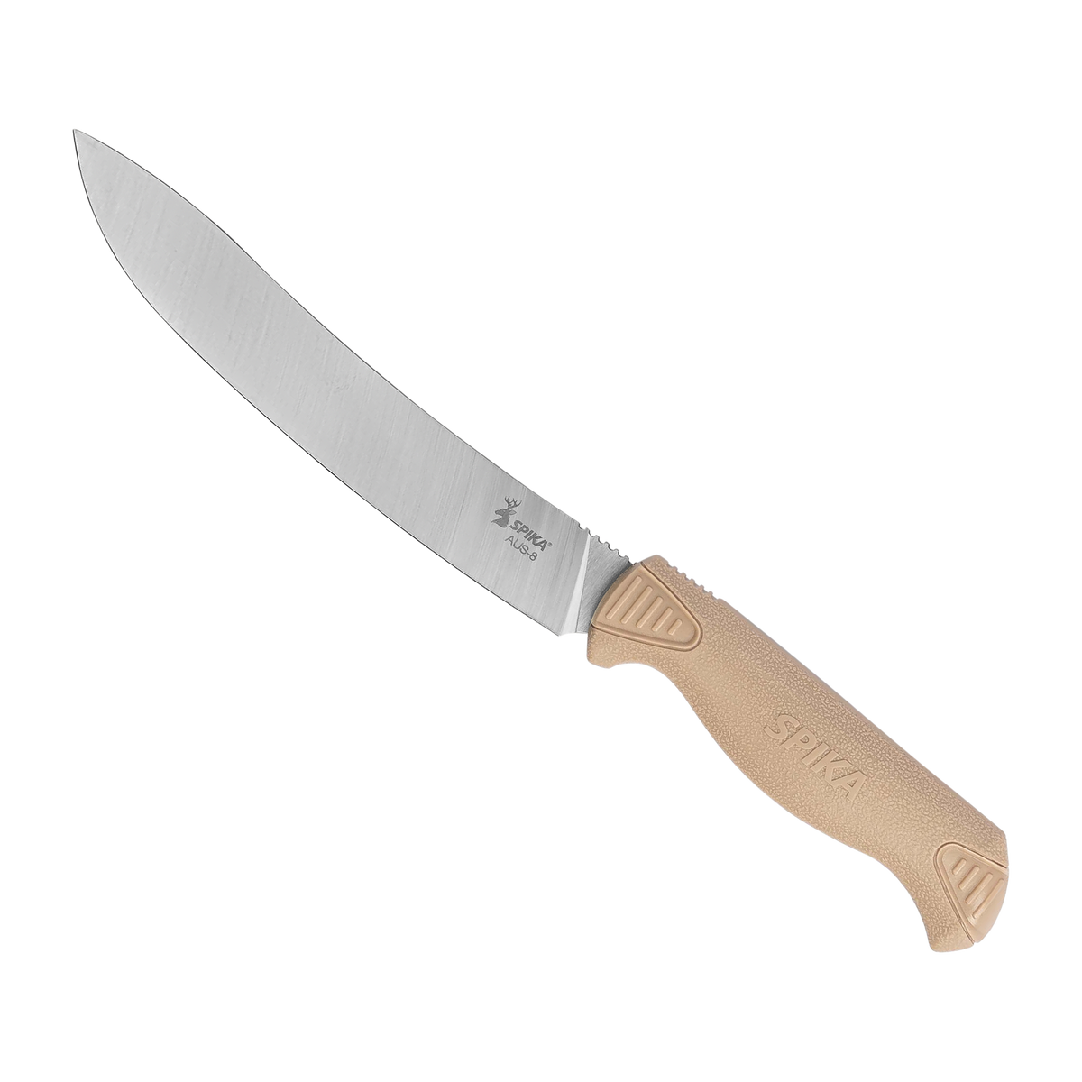 Spika Fieldcraft Cervitaur breaking knife with broad curved blade and tan non-slip handle, blade left
