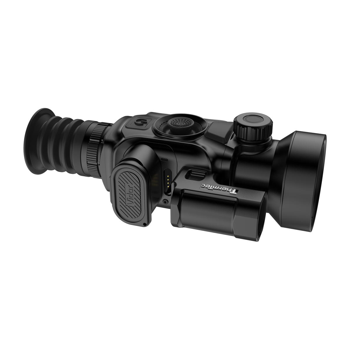 ThermTec Vidar-LRF 650L 2.0 thermal compact scope, angled view of battery cover and objective housing