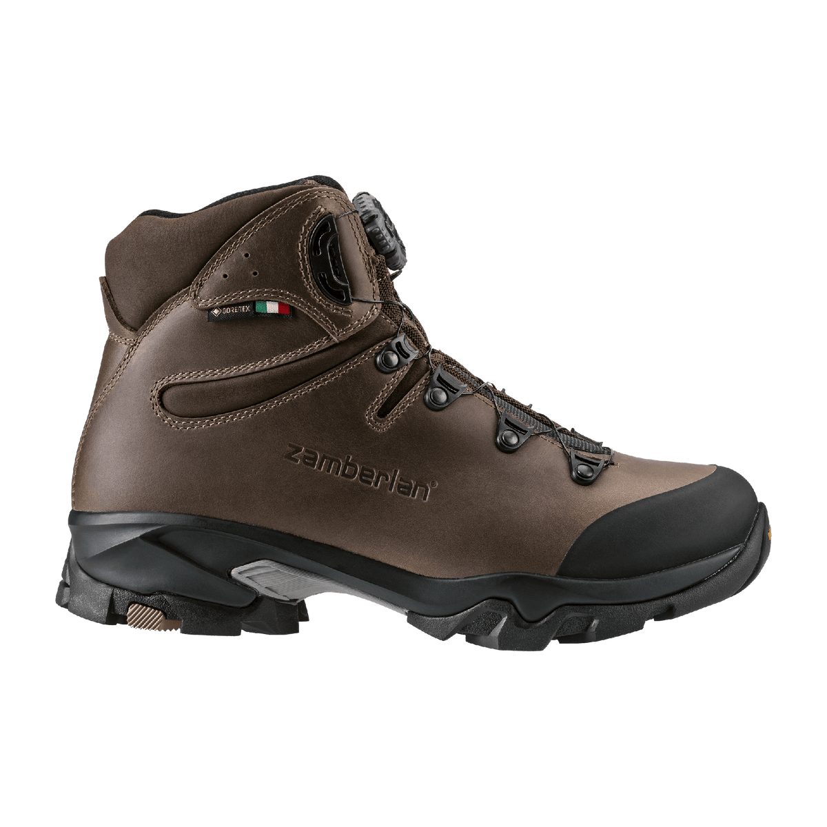 Zamberlan 4015 Leopard FGL GTX RR BOA men's hunting boot in brown leather, outer side view with embossed logo