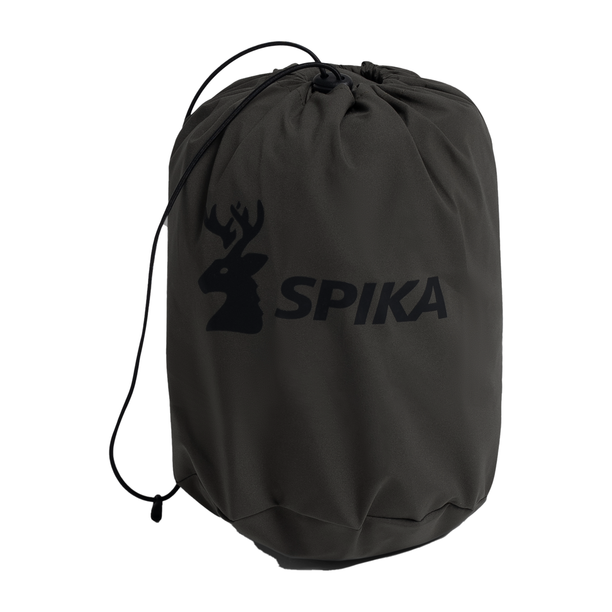 Spika Reign women's pants packed into the olive drawstring stuff sack with Spika deer logo