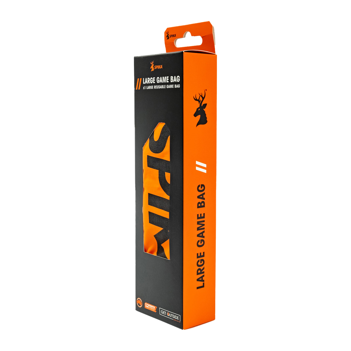 Spika Drover large game bag in retail packaging, black and orange box with Spika branding