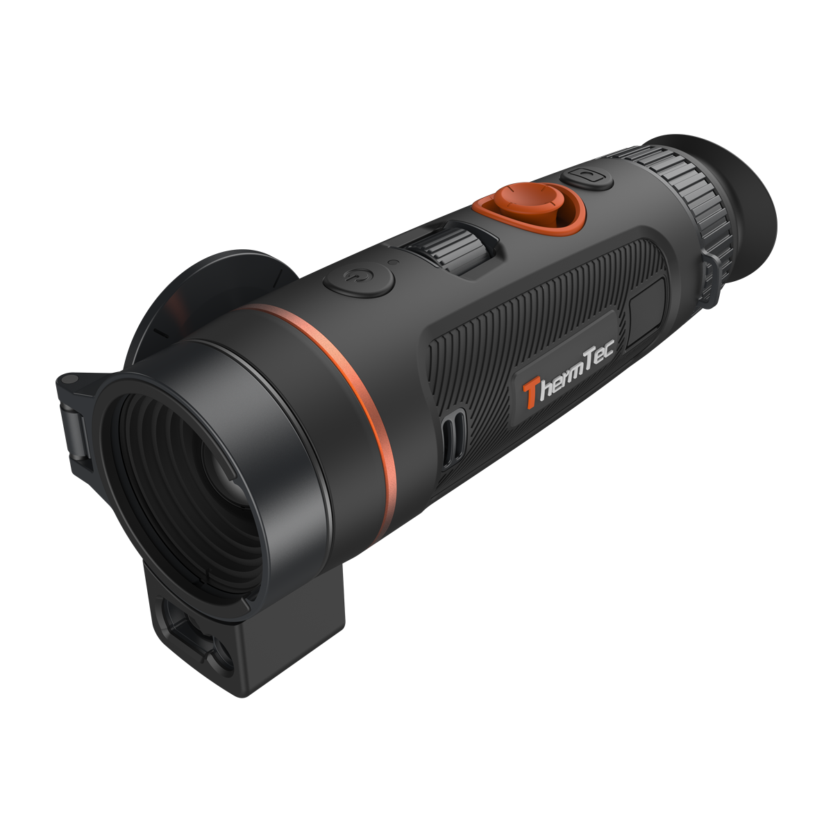 ThermTec Wild 335L thermal monocular, front three-quarter view of open lens and ThermTec logo side