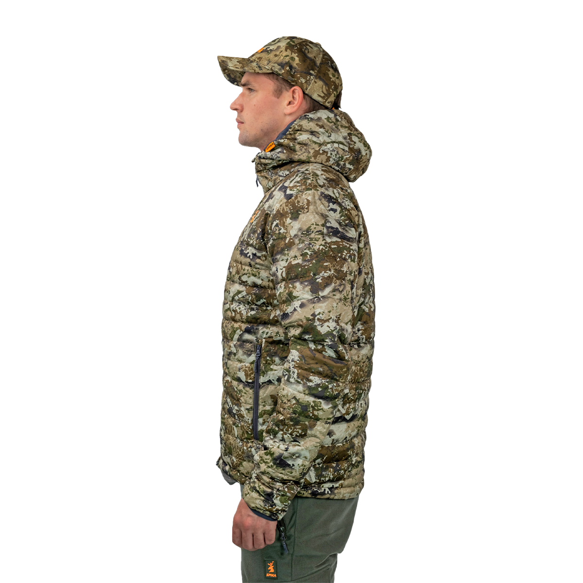 Model wearing the Spika Chase men's Biarri Camo puffer jacket, side profile view