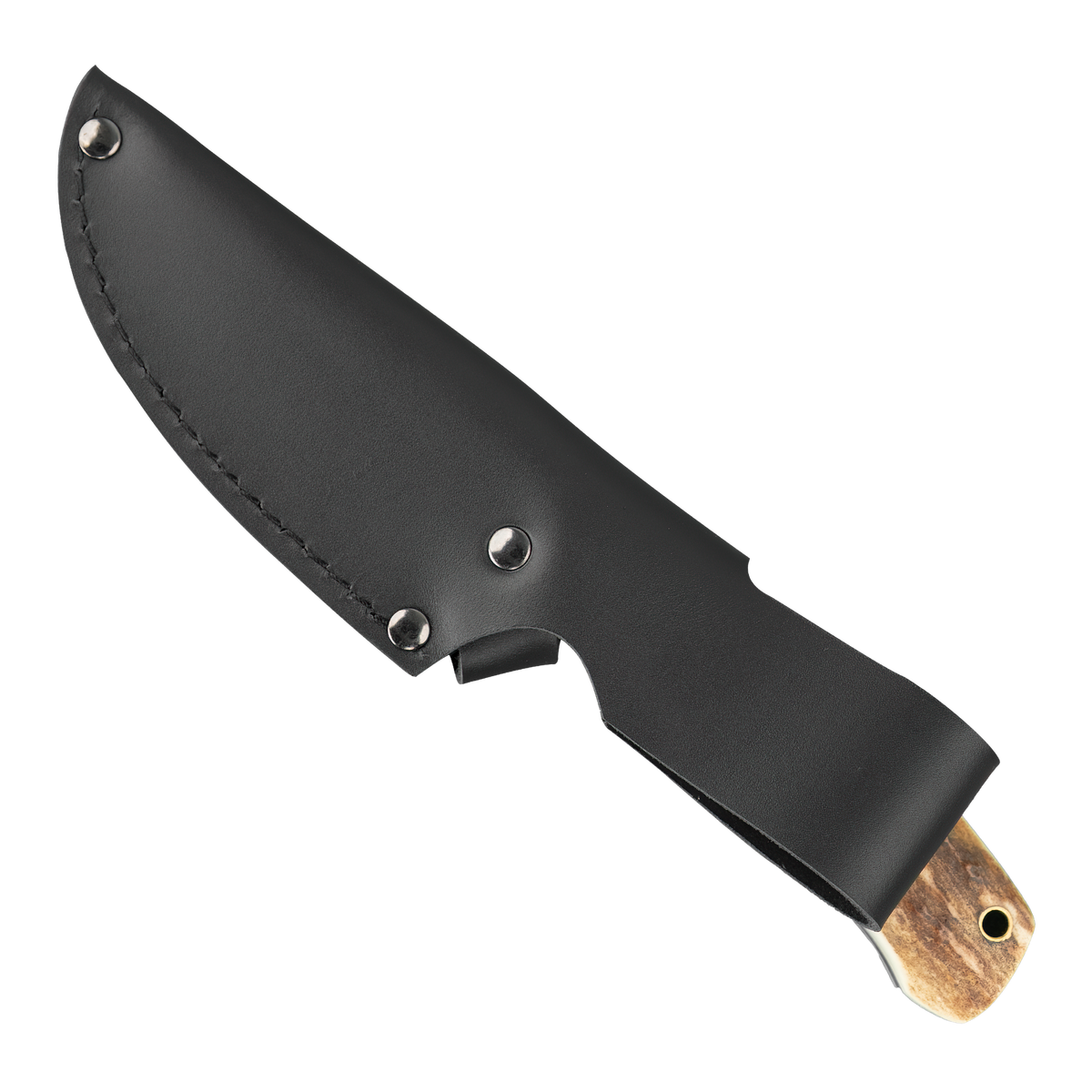 Spika Bushmaster Jeremiah black leather sheath, reverse side with belt loop and knife handle visible