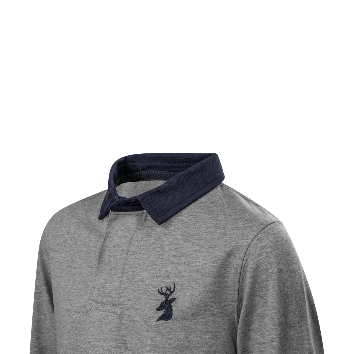 Spika GO Advance kids' grey rugby jumper, close-up of navy collar, button placket and stag logo