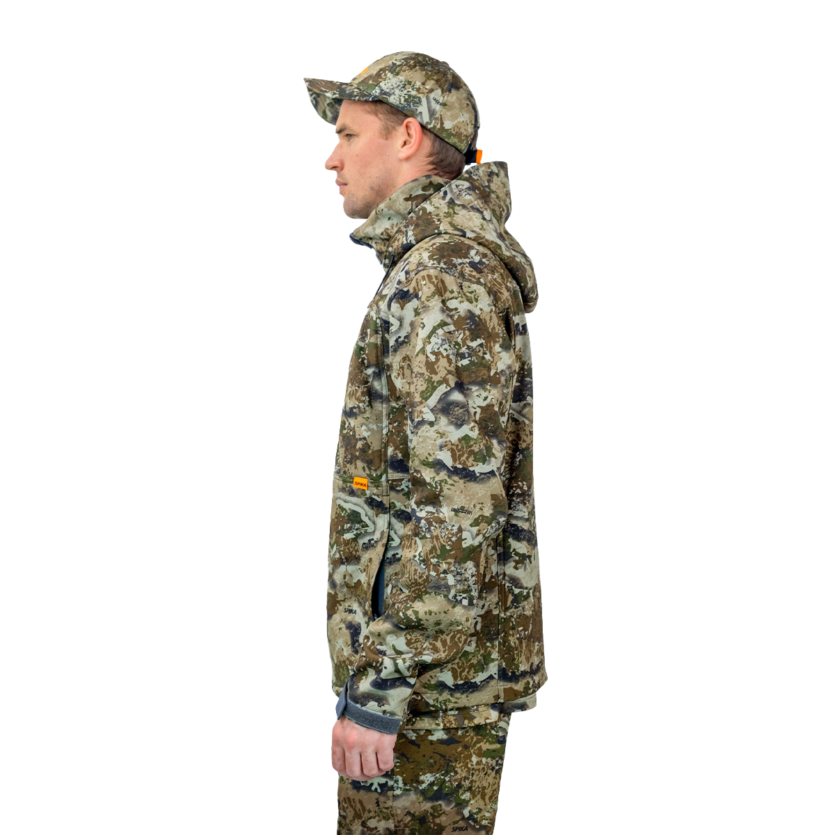 Man wearing the Spika Highpoint men's shell jacket in Biarri Camo, side profile view