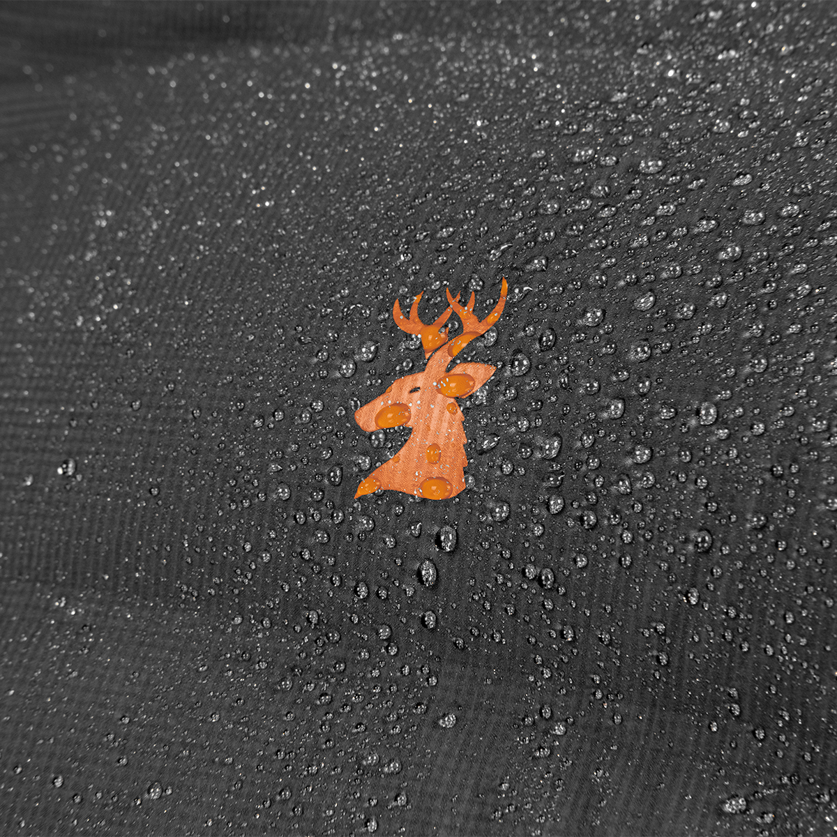 Spika Terra men's puffer jacket in Black, close-up of water beading on the shell around the stag logo