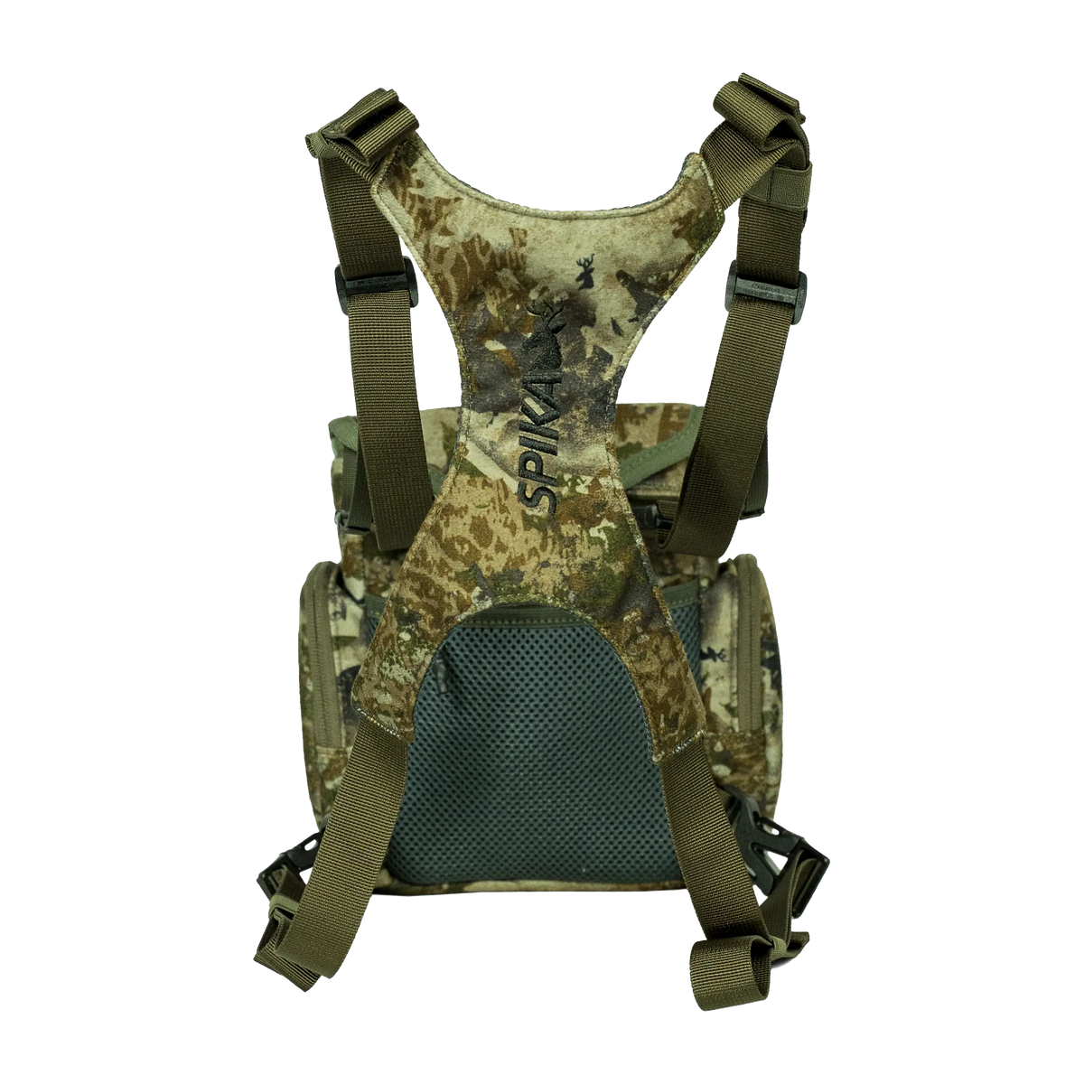 Spika Drover II bino pack in Biarri Camo, rear view showing harness straps and mesh back panel