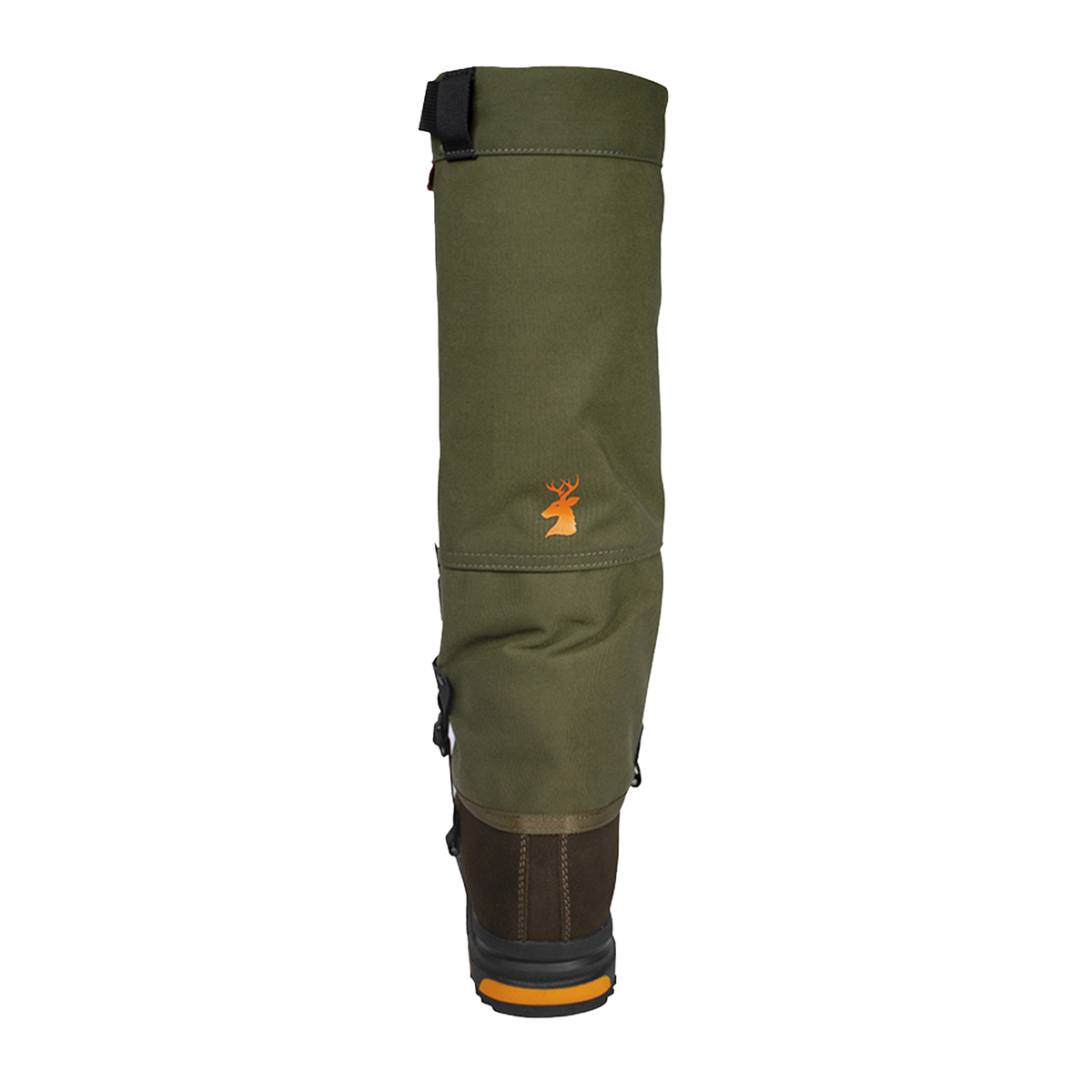 Spika Strike adult gaiter in Olive fitted over a boot, back view with orange stag logo