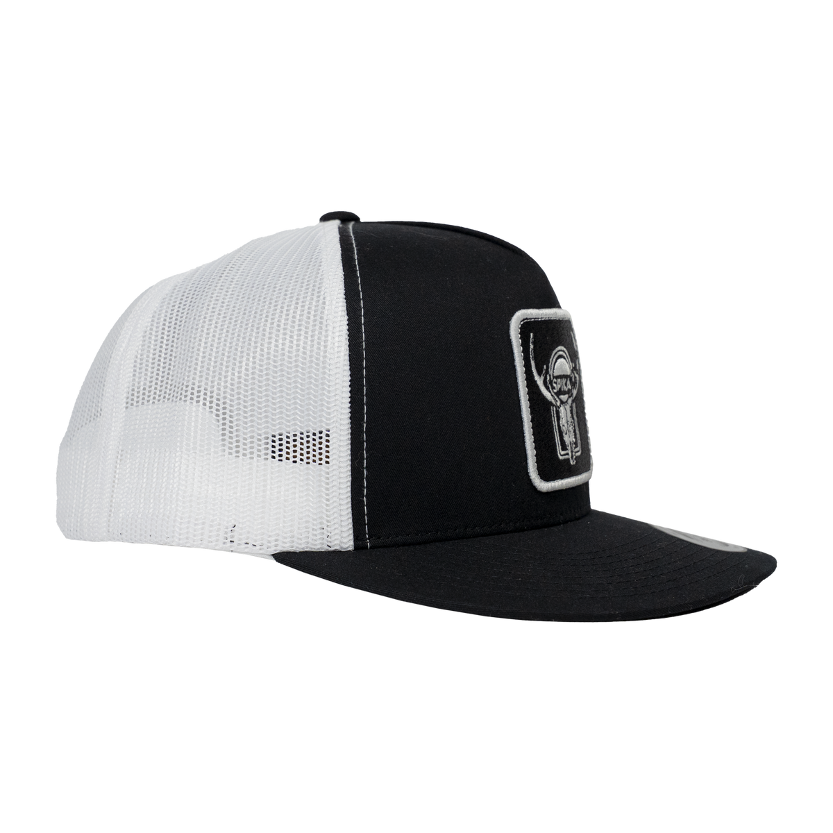 Spika High Country Sambar patch trucker cap in Black/White, side view of white mesh panels