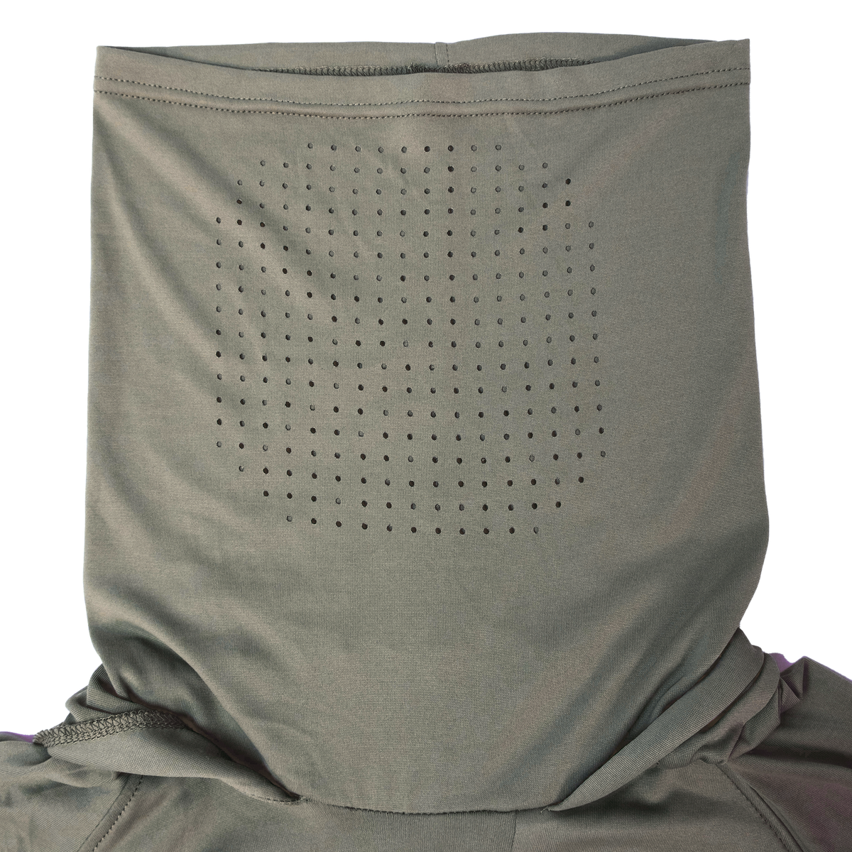 Spika Bandit women's hoodie close-up of the Moss Green face mask with breathable perforations
