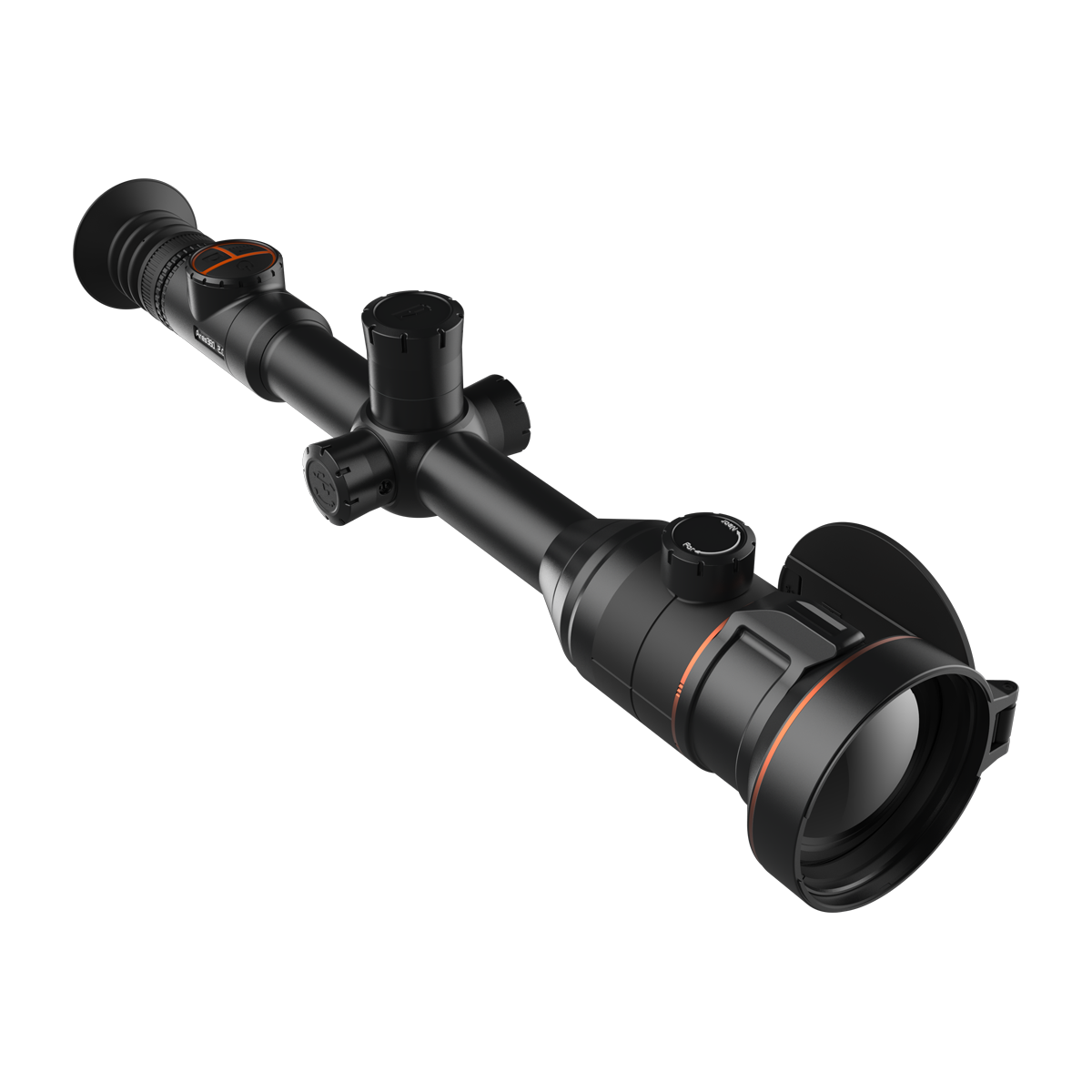 ThermTec Ares 360 2.0 thermal tube scope in black, elevated three-quarter view from eyepiece end